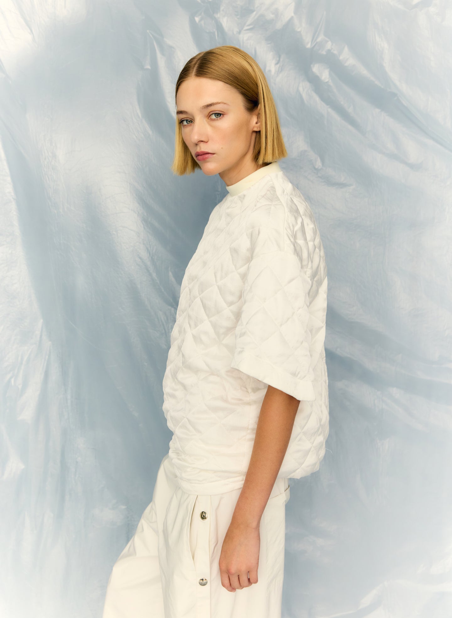 White Cozy Quilting Anorak T-Shirt - editorial campaign on model