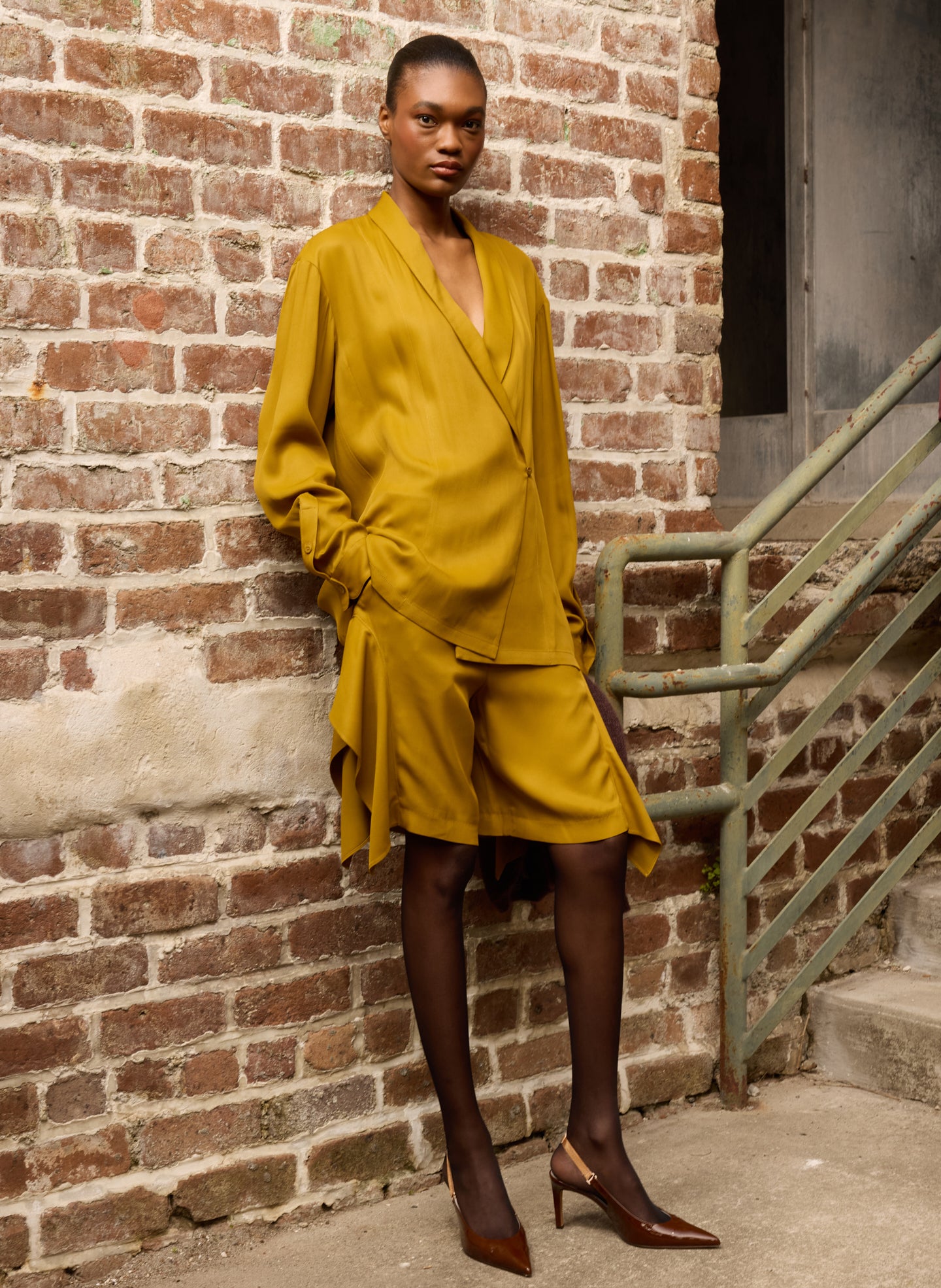 Mustard Eco Acetate Viscose Side Drape Short and Shirt Jacket - editorial image on model