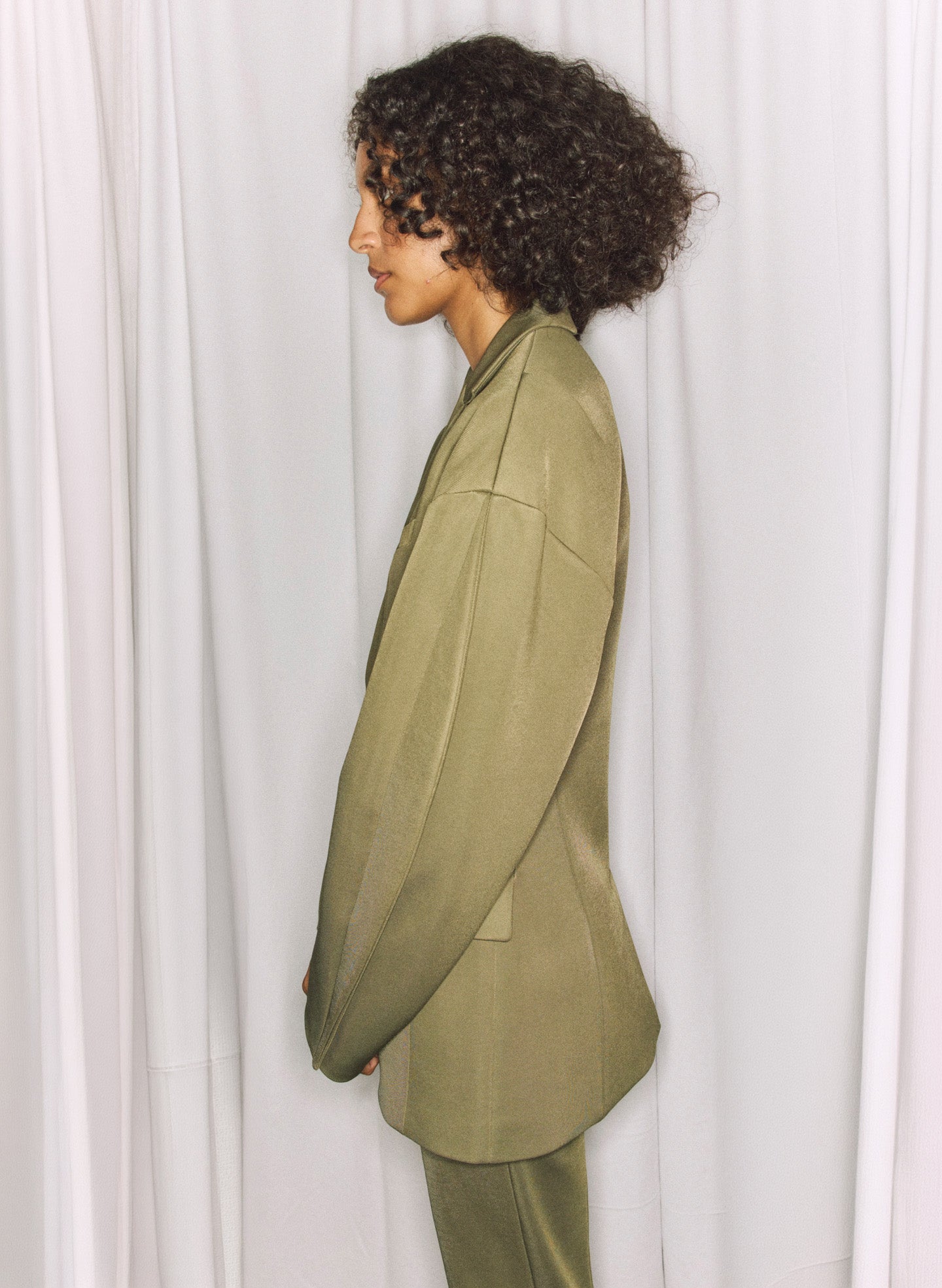 Nori Green Spring Bonded Twill Sculpted Blazer - editorial campaign on model