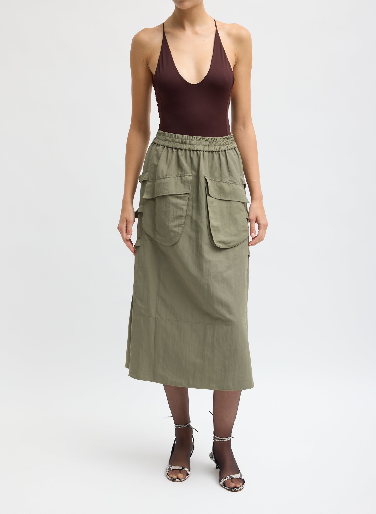 Techy Twill Pull On Midi Skirt - Dark Hazelnut Techy Twill Pull On Midi Skirt - front view on model