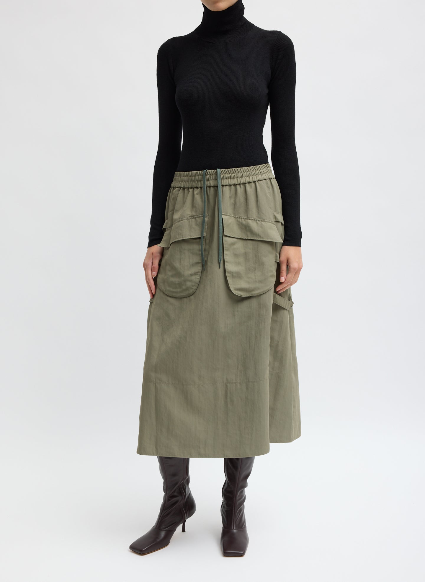 Dark Hazelnut Techy Twill Pull On Midi Skirt - full look, front view on model