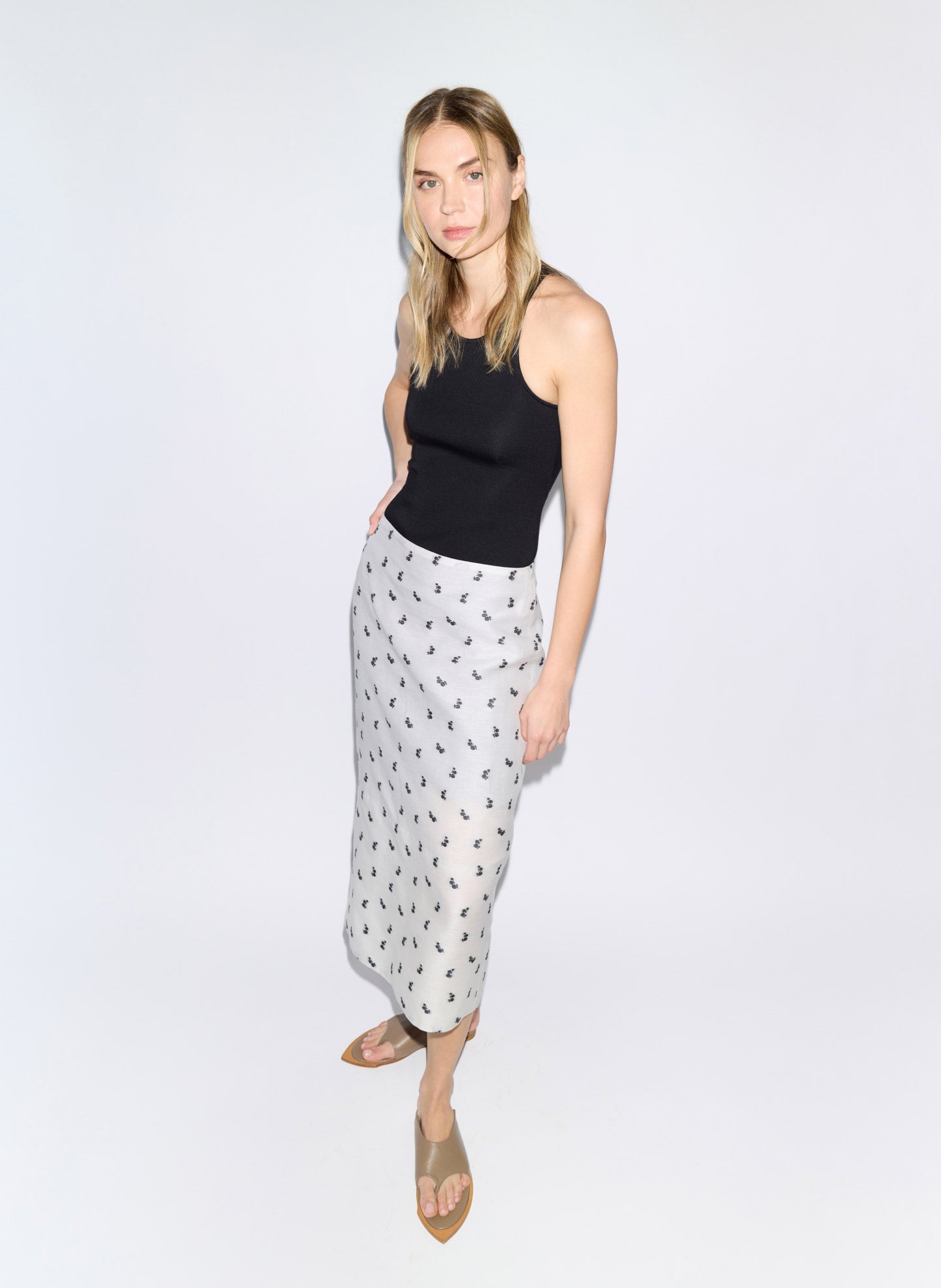 Ivory Silk Gazar Jacquard Pencil Skirt - editorial image on model