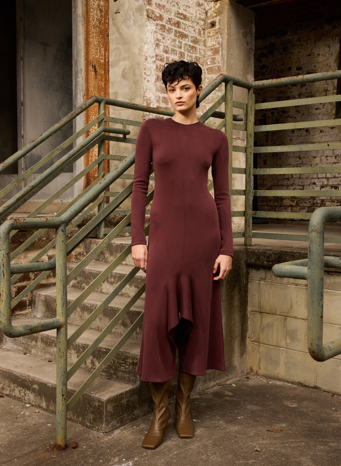 Bordeaux Feather Weight Viscose Neoprene Front Drape Dress - editorial image on model