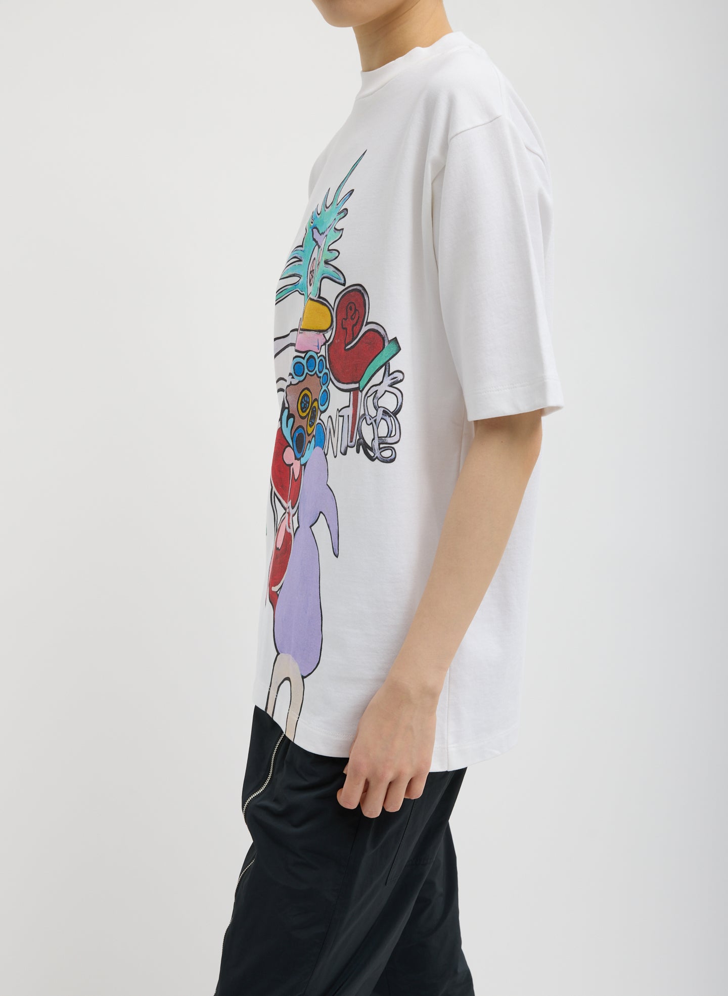 White Perfect Unisex T-Shirt "Untitled" - graphic t-shirt, side view on model