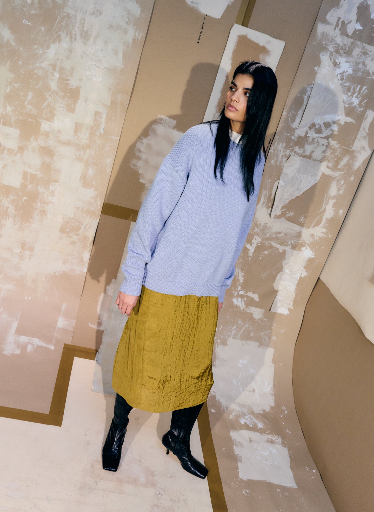 Mustard Crinkle Slip Skirt - midi skirt, editorial image on model