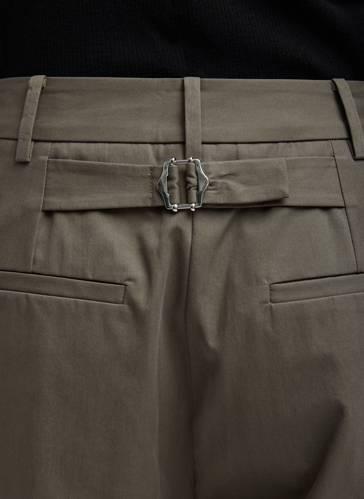 Dark Stone Grey Bio Twill Triple Pleat Pant - closeup of back belt detail