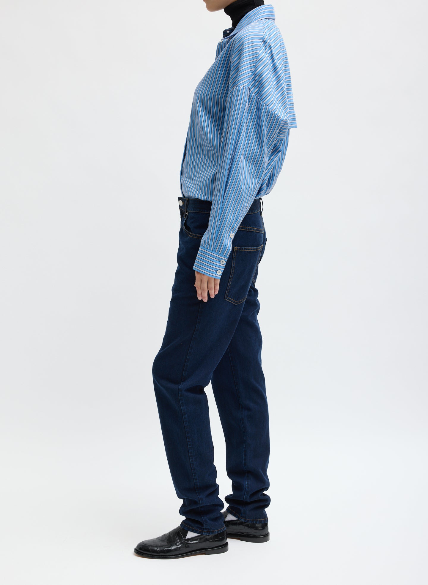 Tencel Cotton Denim Triton Slim Jean - dark wash slim jean, side view on model