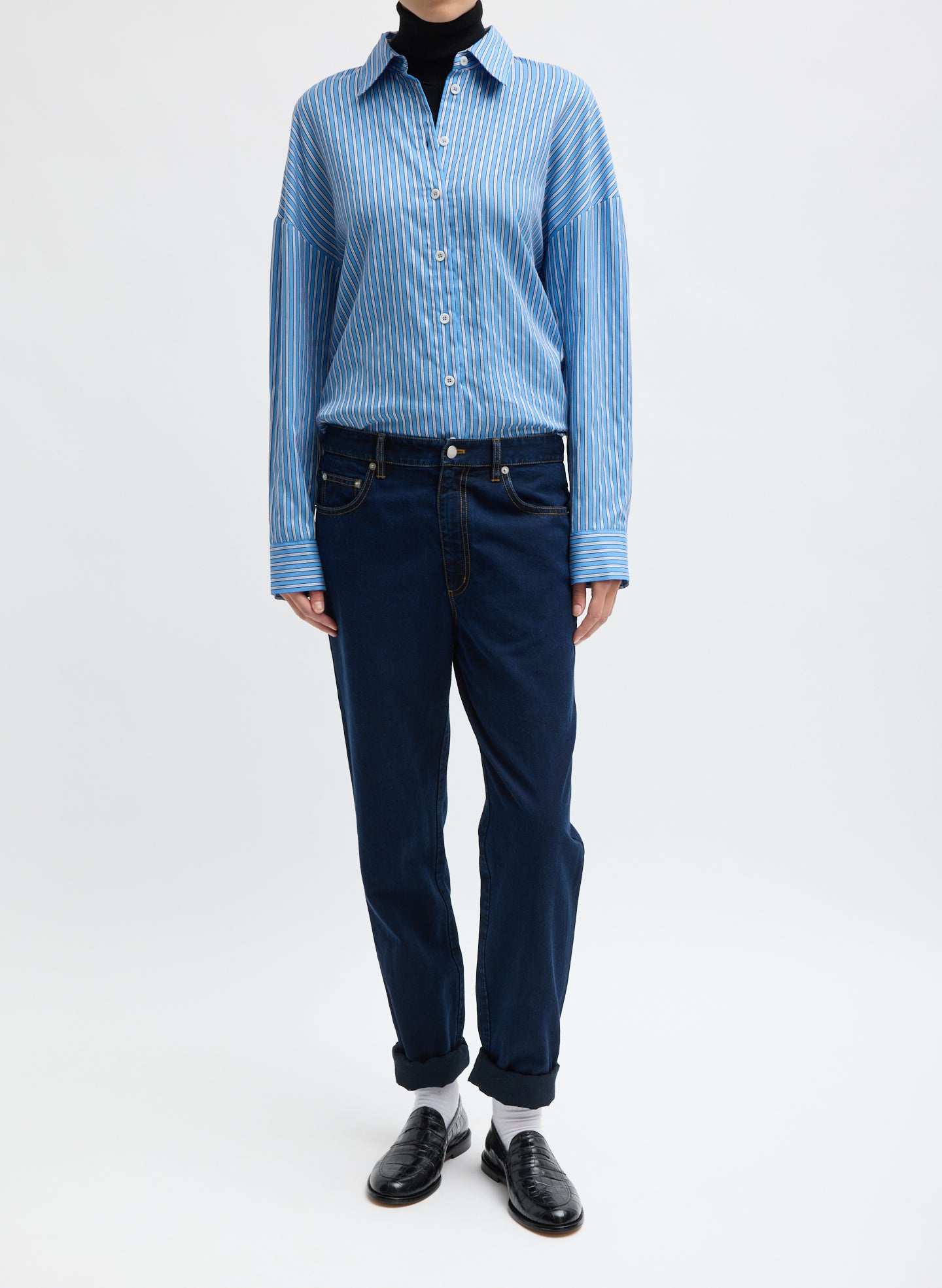 Tencel Cotton Denim Triton Slim Jean - dark wash slim jean, front view on model