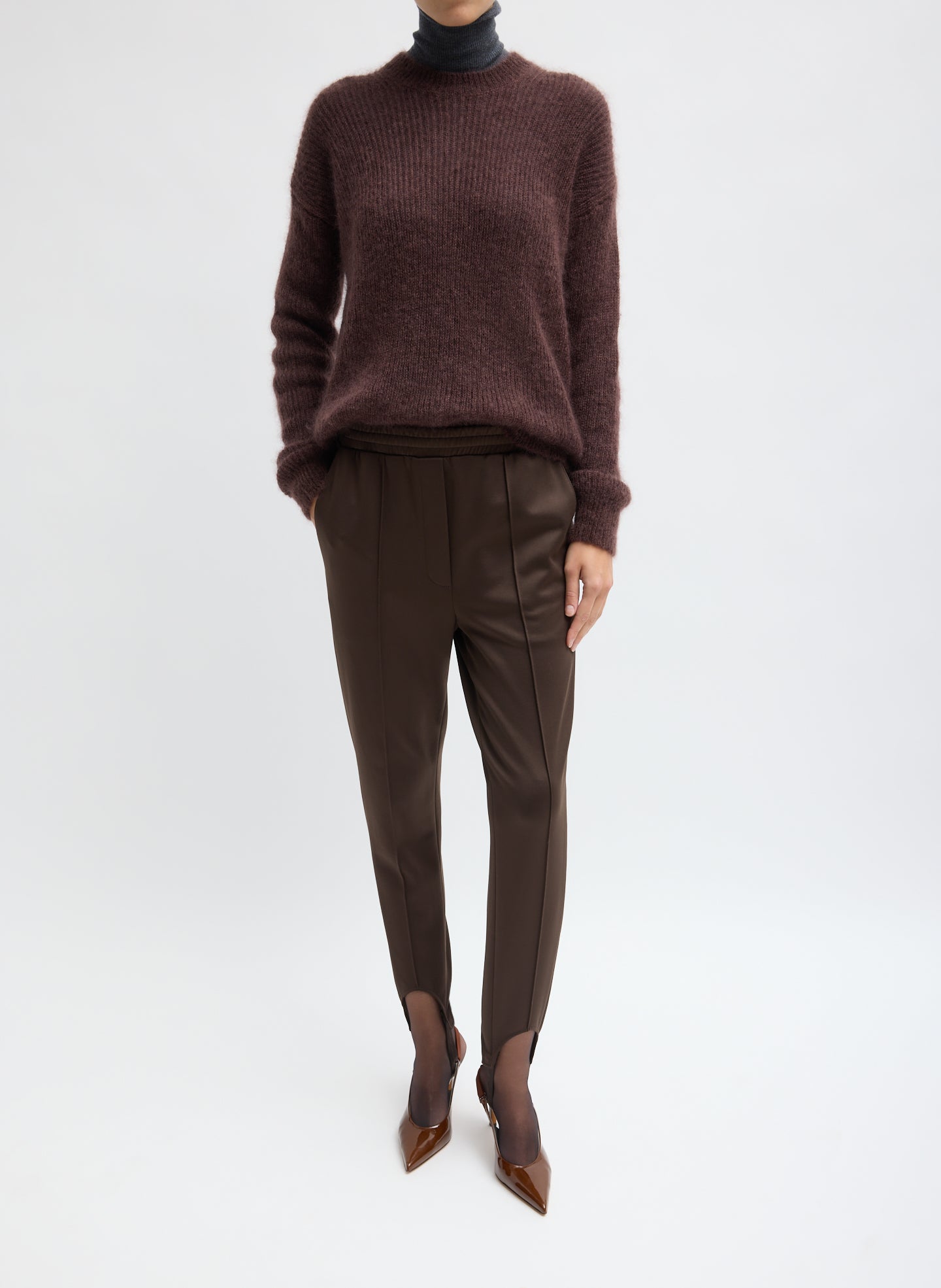 Brown Active Knit Sporty Stirrup Pant - front view on model