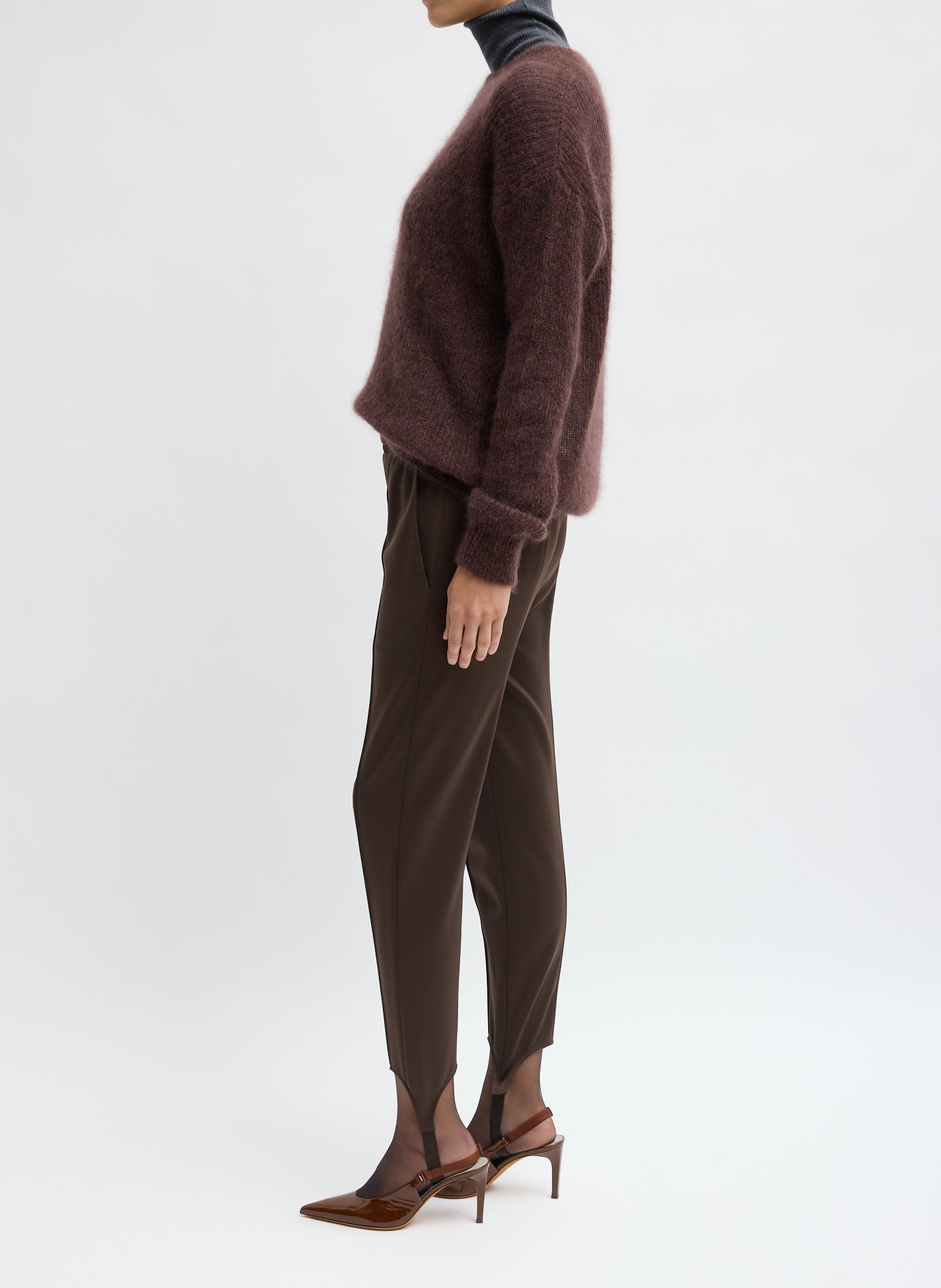 Brown Active Knit Sporty Stirrup Pant - side view on model