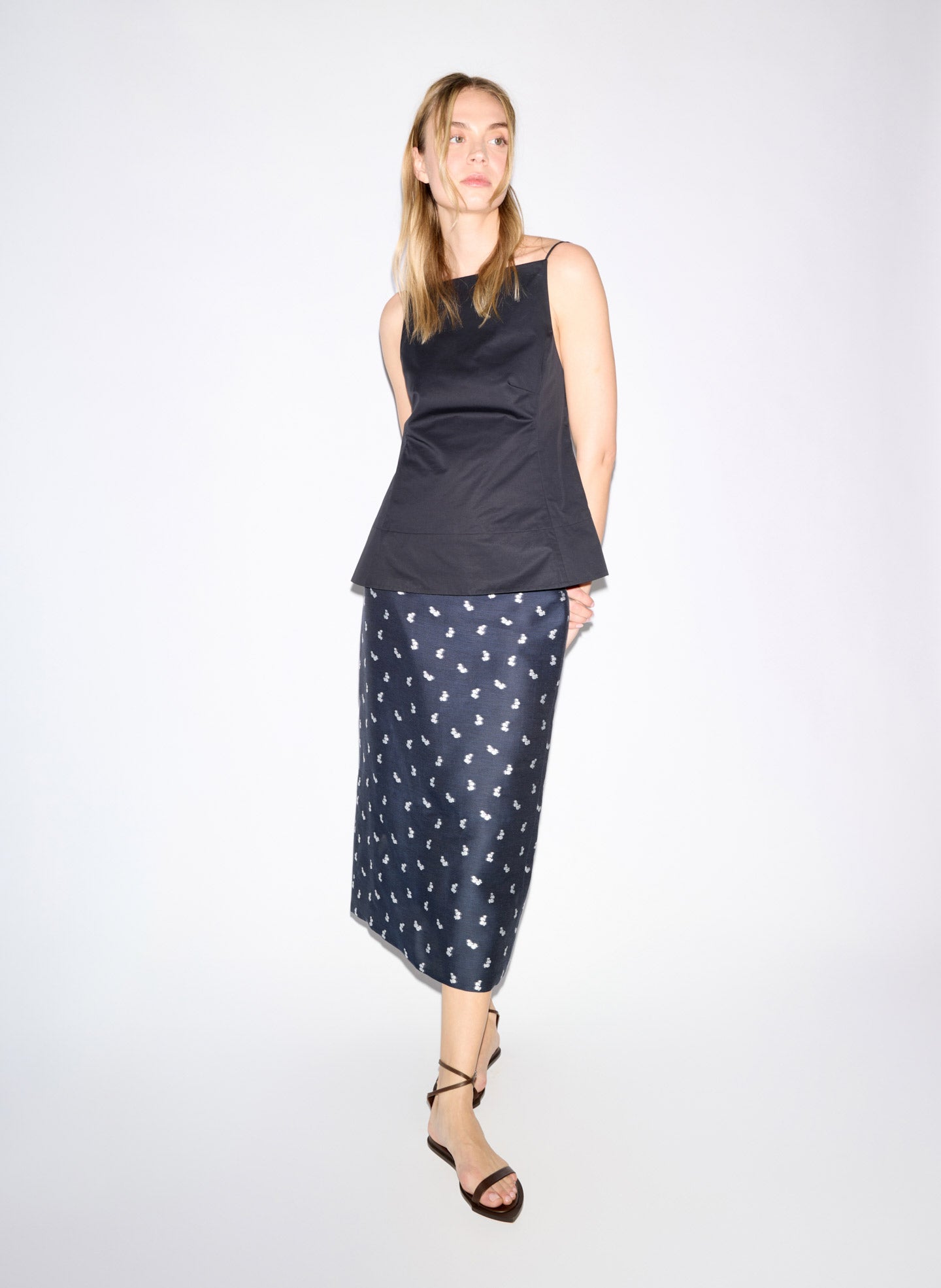 Navy Silk Gazar Jacquard Pencil Skirt - editorial image on model