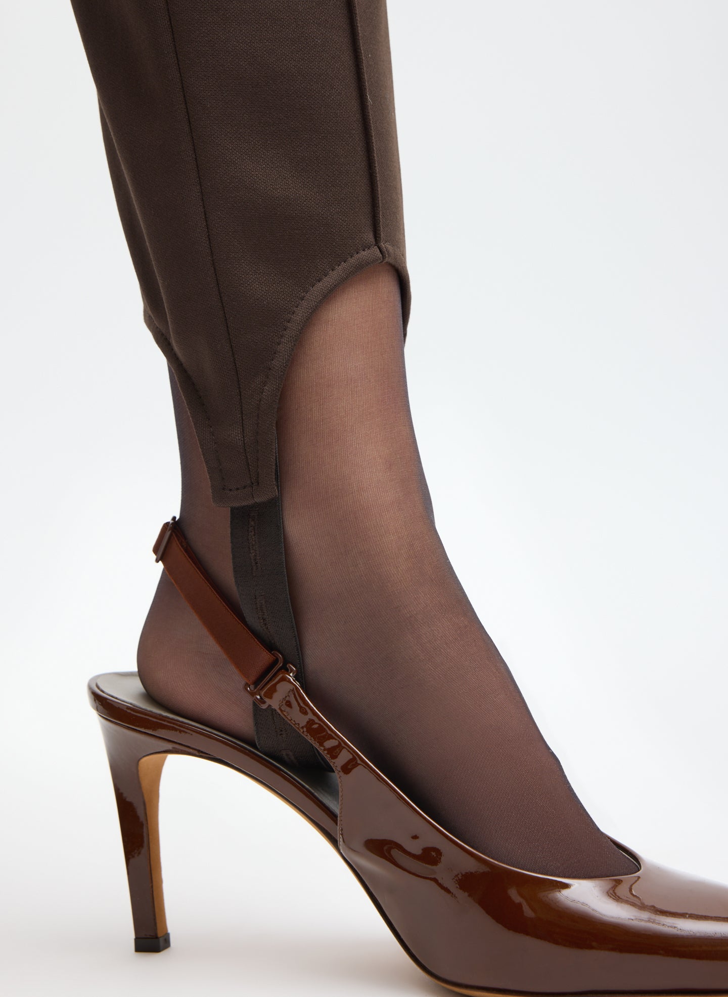 Brown Active Knit Sporty Stirrup Pant - closeup of stirrup detail