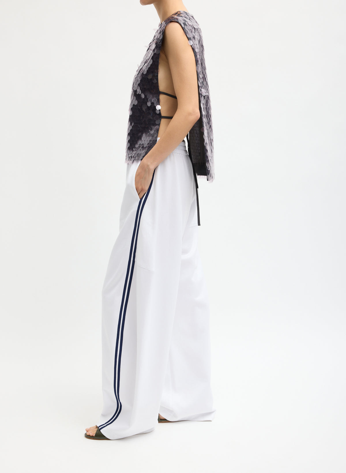 White Active Knit Winslow Pant - barrel leg athleisure track pant, side view on model