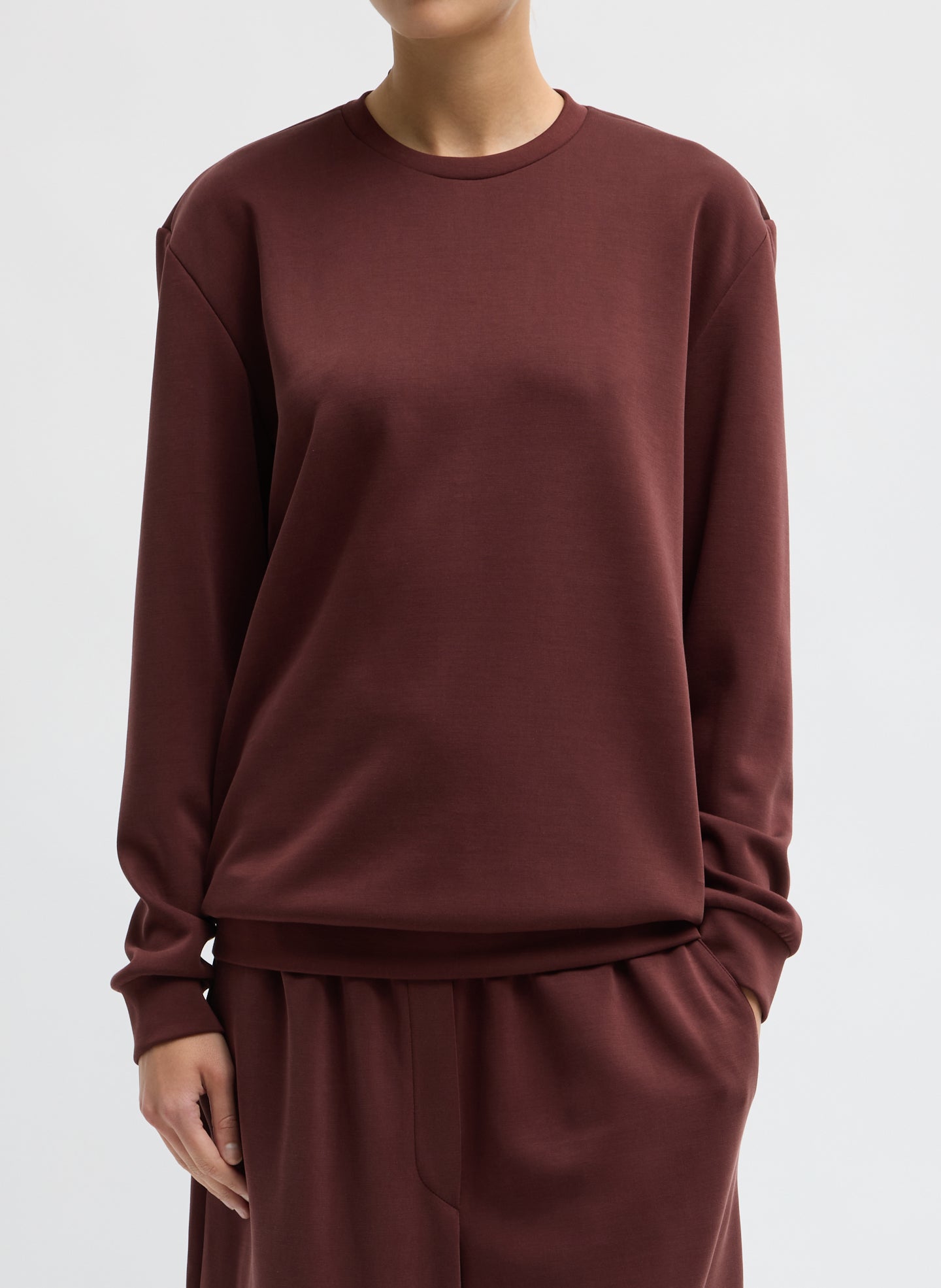 Burgundy Feather Weight Viscose Removable Shoulder Pad Long Sleeve T-Shirt - front view on model