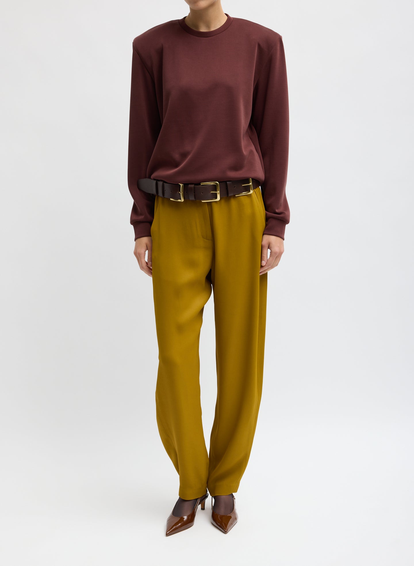 Burgundy Feather Weight Viscose Removable Shoulder Pad Long Sleeve T-Shirt - full look, front view on model