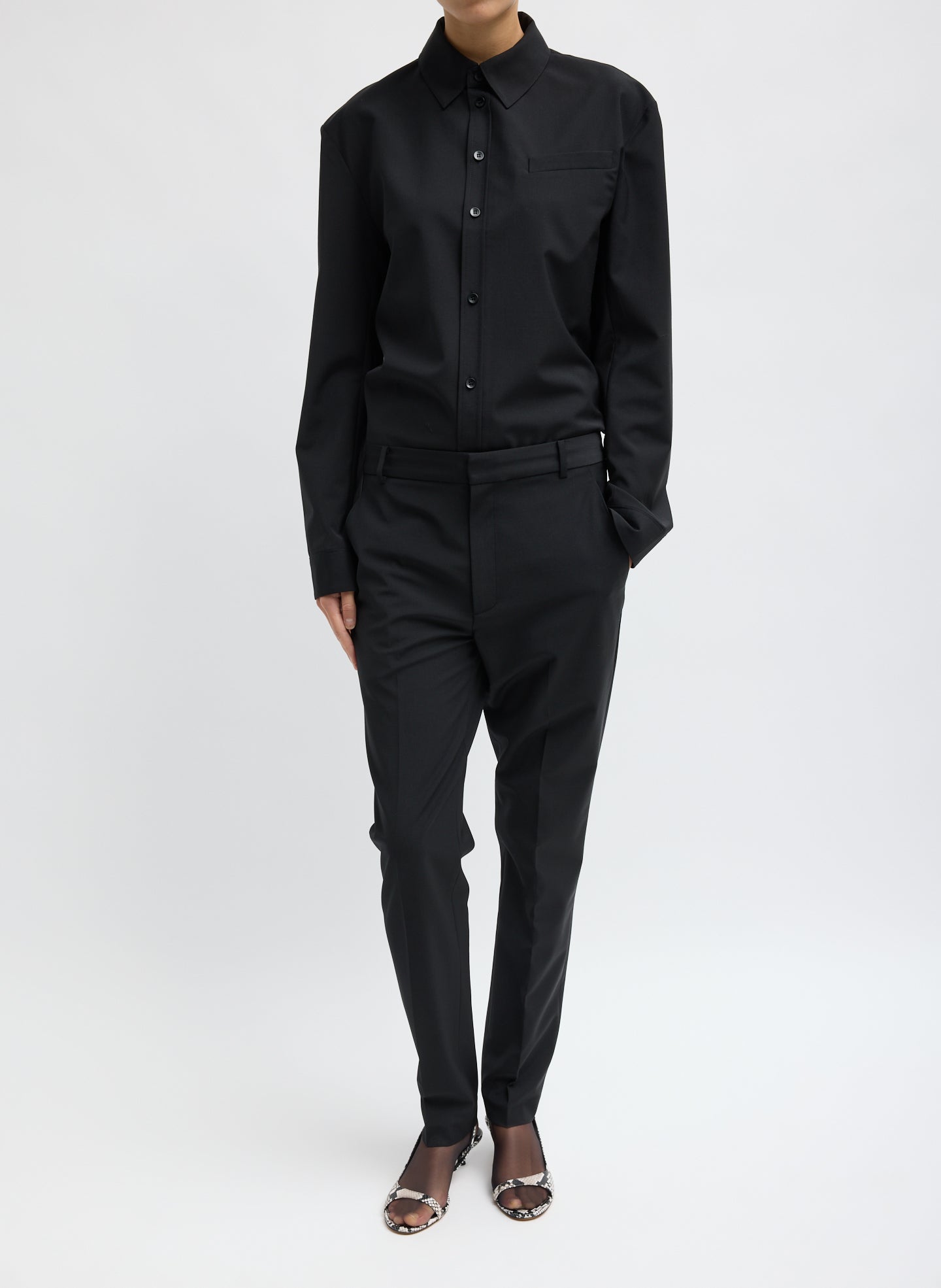 Black Recycled Tropical Wool Marcus Slim Trouser - front view on model