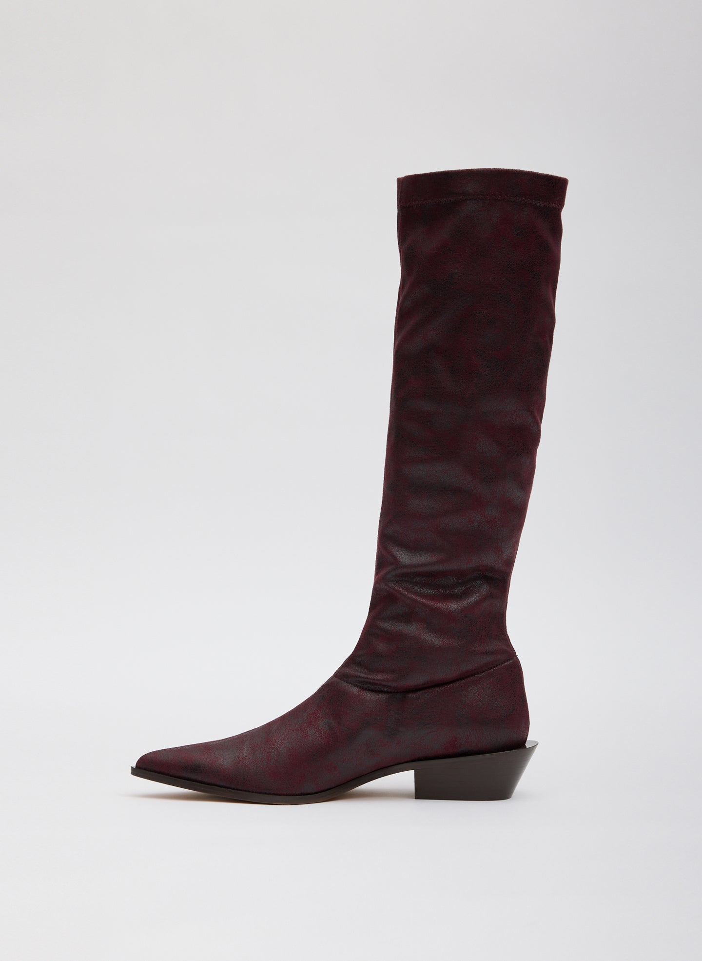 Distressed Bronson Boot - Regular Calf - Burgundy Wine Distressed Bronson Boot - high, pointed toe boot - side view