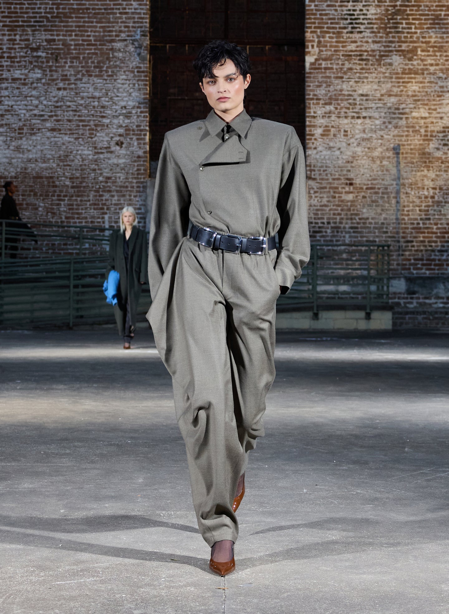Army Green Cozy Flannel Side Drape Pant, Top and Arthur Belt - editorial image on model