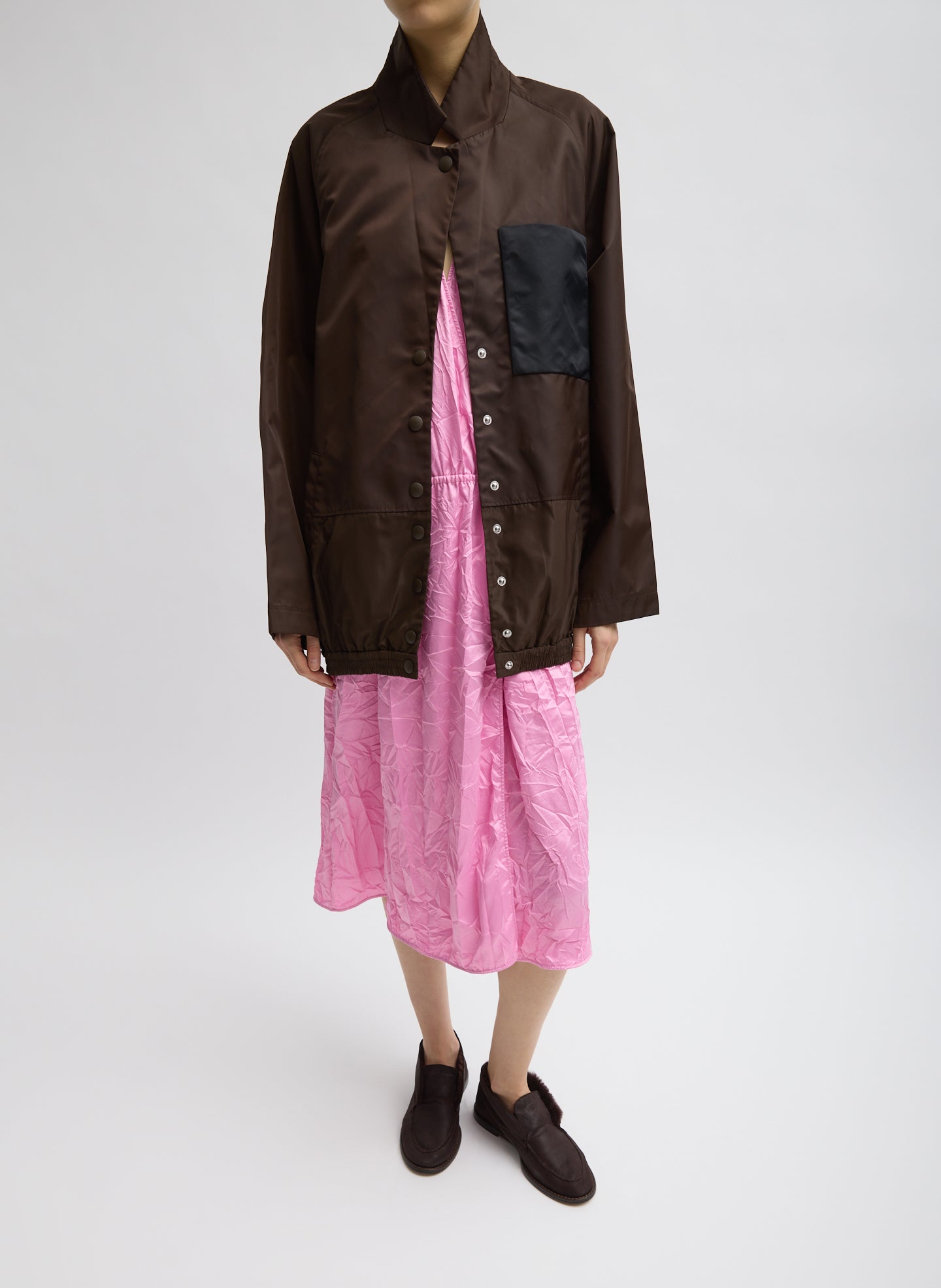 Brown Eco Nylon Bomber Blazer - full look, unbuttoned, front view on model