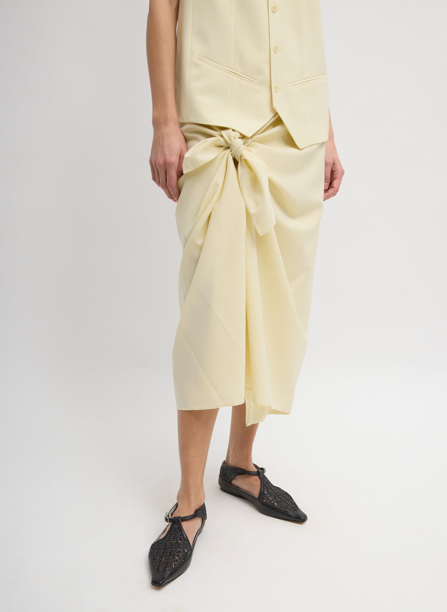 Tropical Wool Tie Front Trouser Skirt - Ivory-2