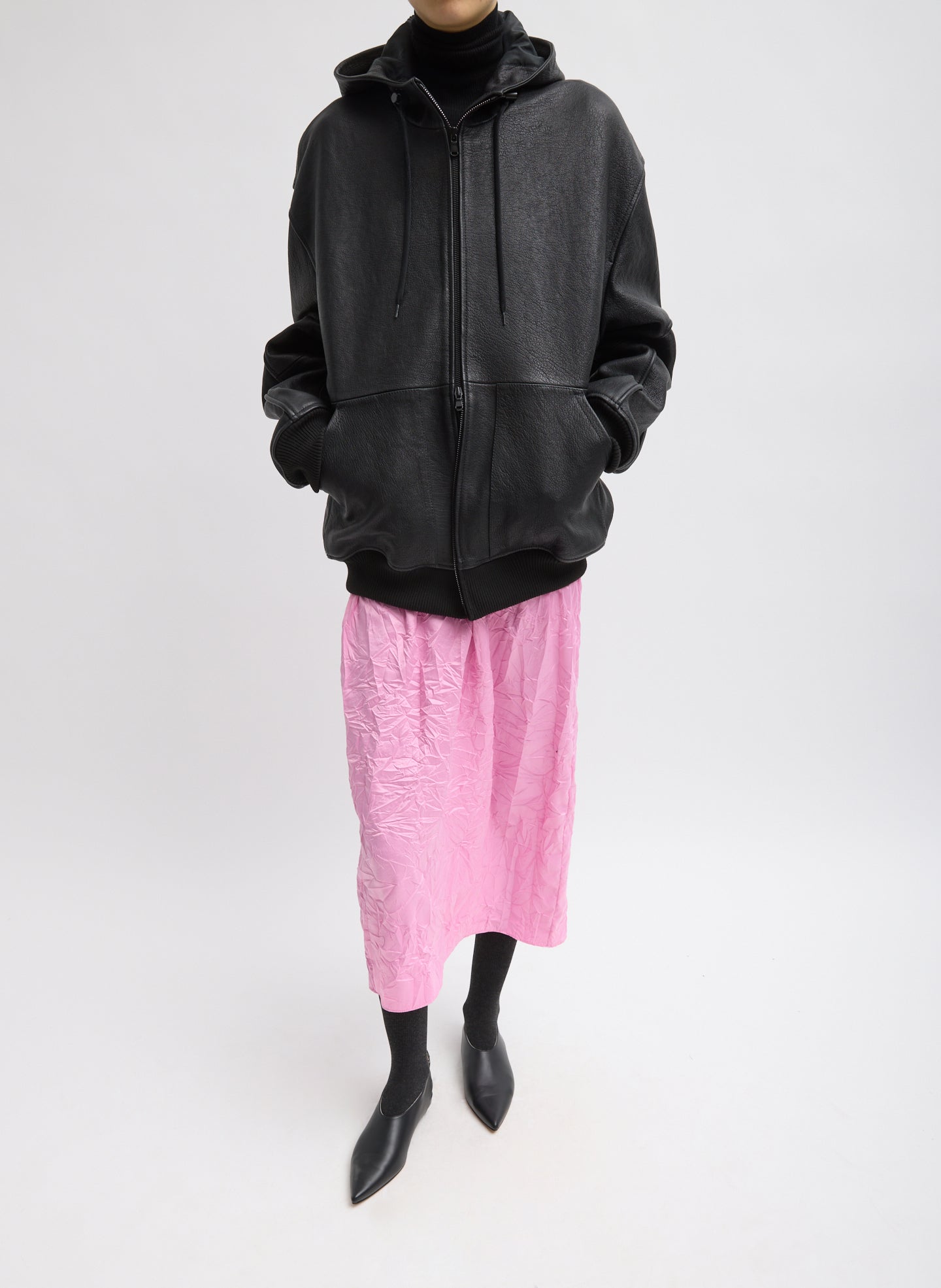 Pebbled Leather Zip Up Hoodie Jacket - Black Pebbled Leather Zip Up Hoodie Jacket - full look, front view on model