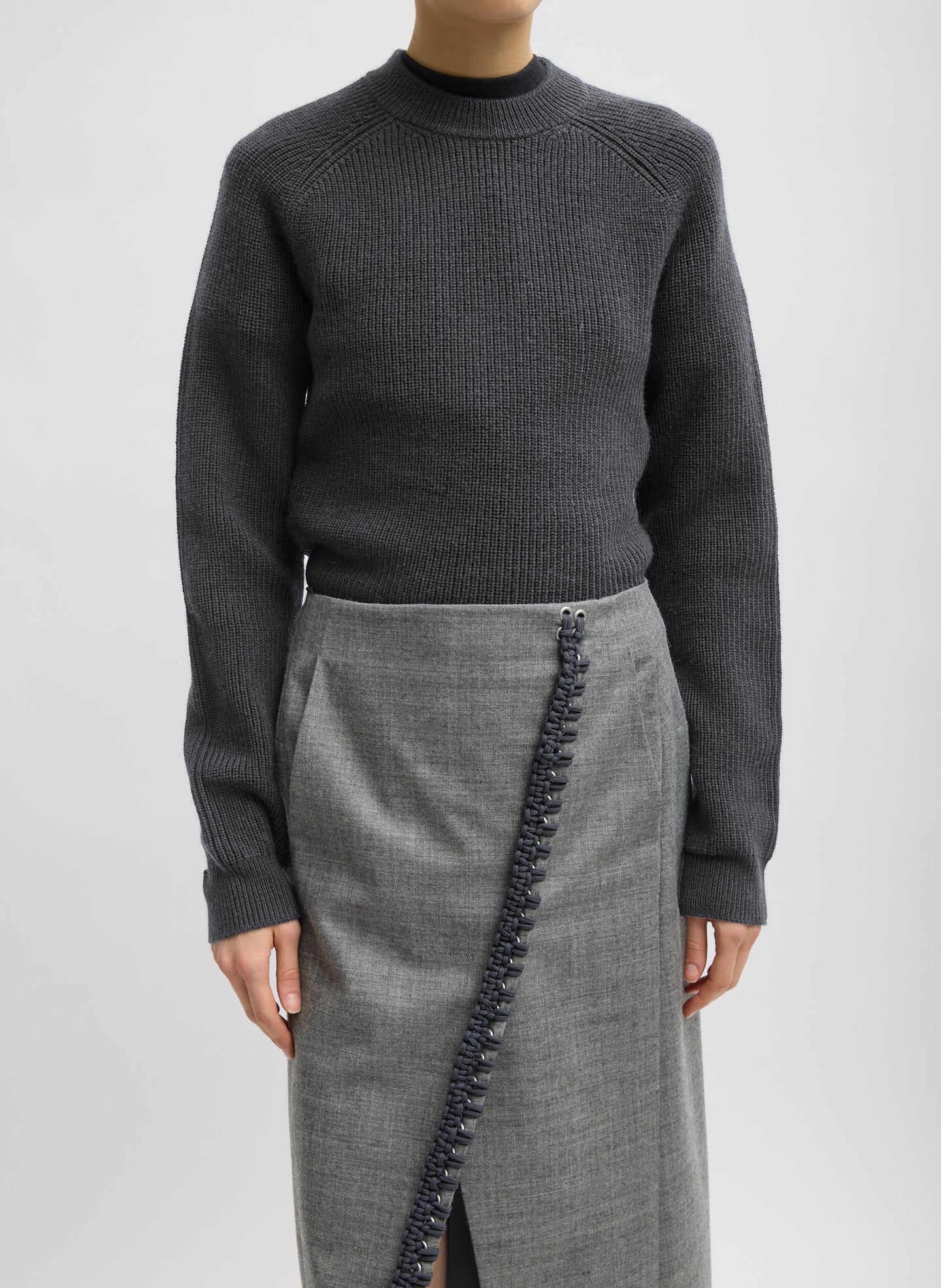 Cardigan Stitch Wool Shrunken Crewneck Pullover - Dark Heather Grey Cardigan Stitch Wool Shrunken Crewneck Pullover - front view on model