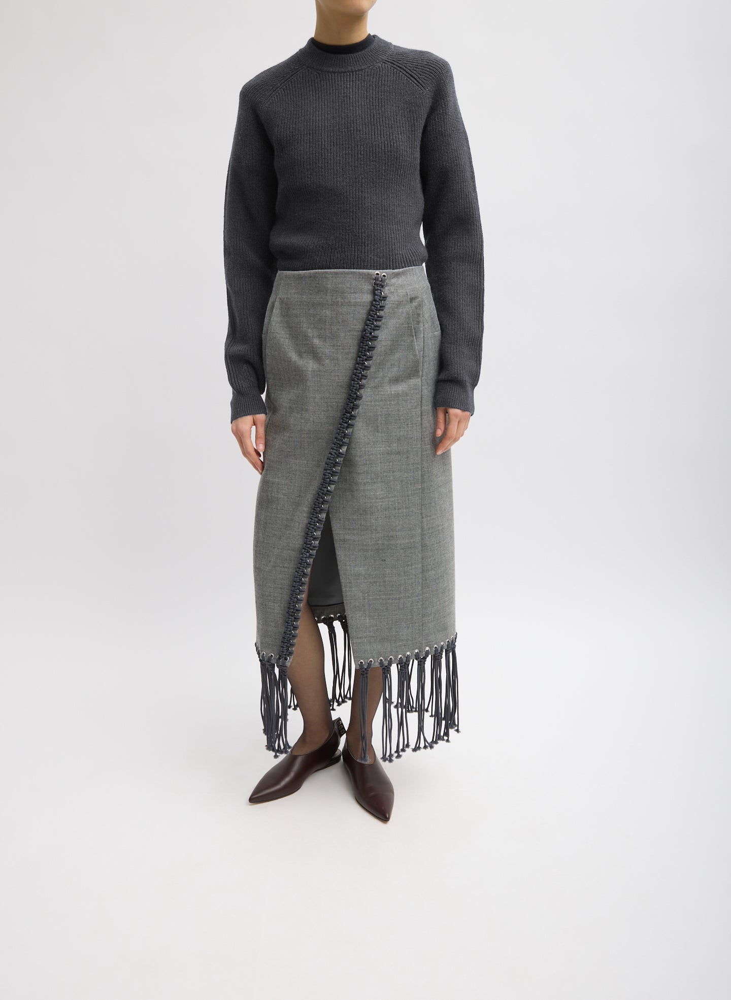 Techy Bonded Wool Crochet Trim Skirt - Grey Techy Bonded Wool Crochet Trim Skirt - full look, front view on model