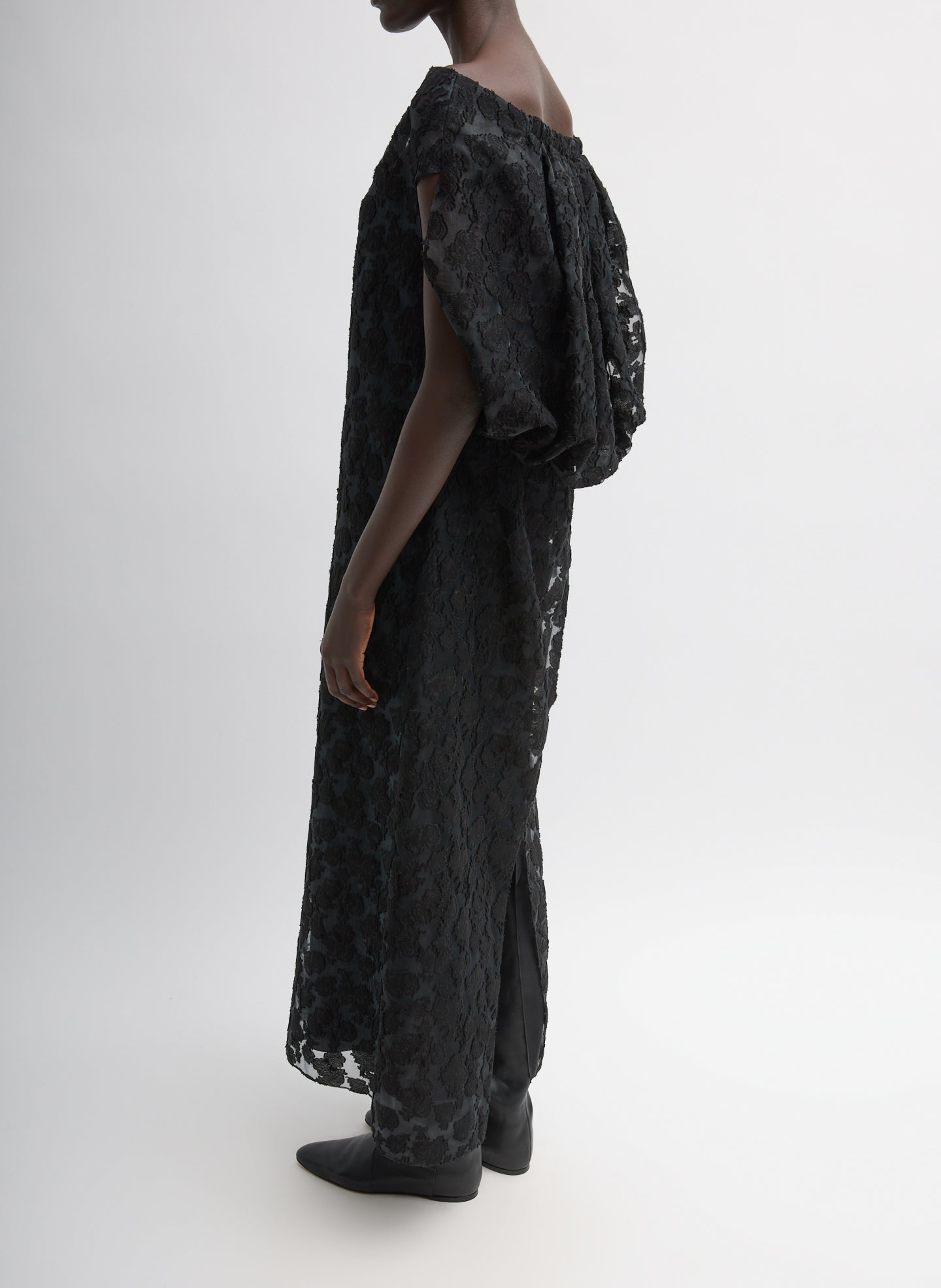 Black Fil Coupé Camille Dress - off the shoulder, side view on model