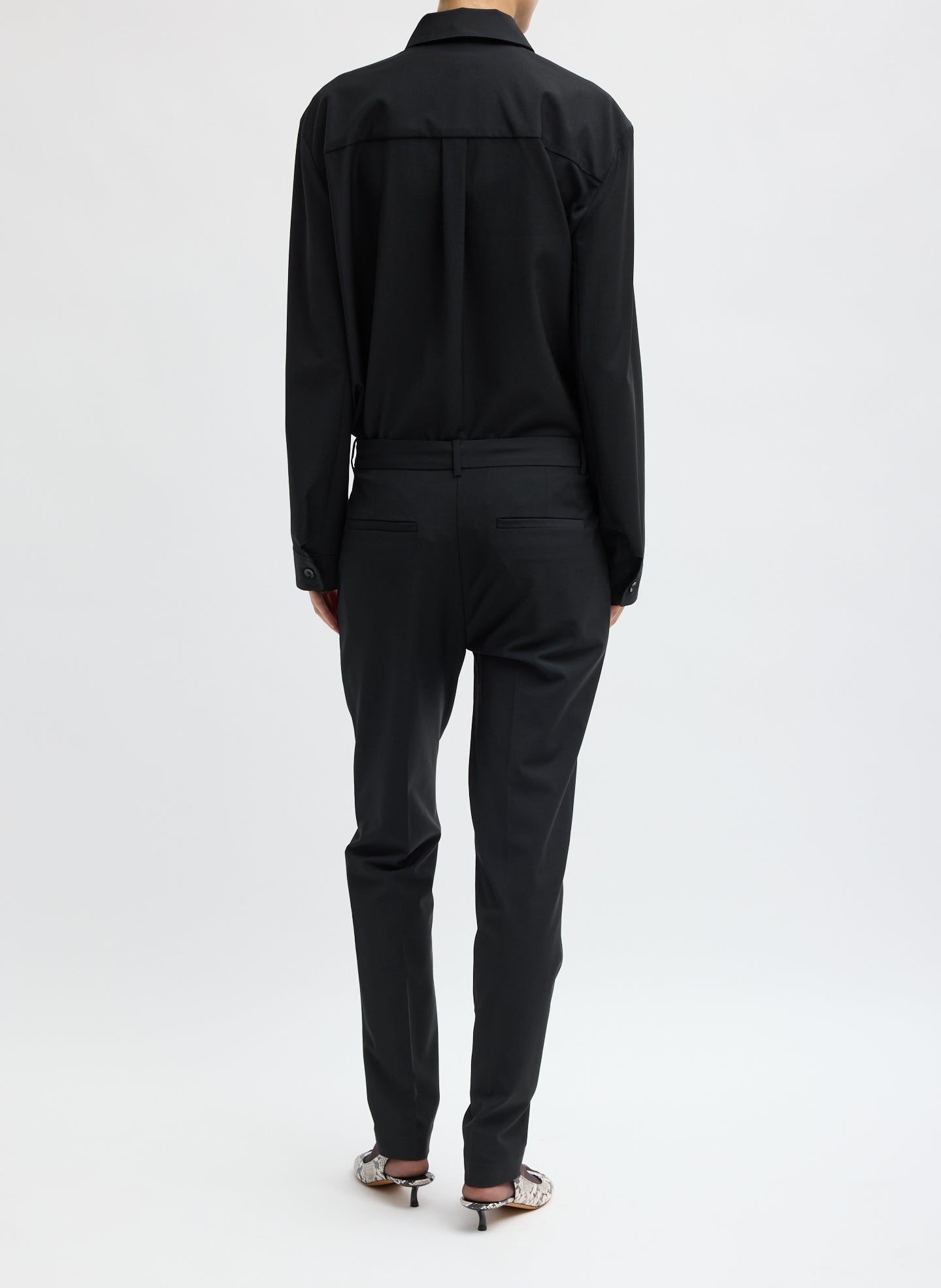Black Recycled Tropical Wool Marcus Slim Trouser - back view on model