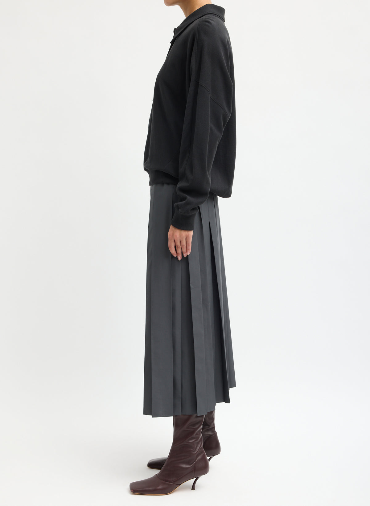 Charcoal Grey Nylon Pleated Pull On Skirt - pleated midi skirt, side view on model