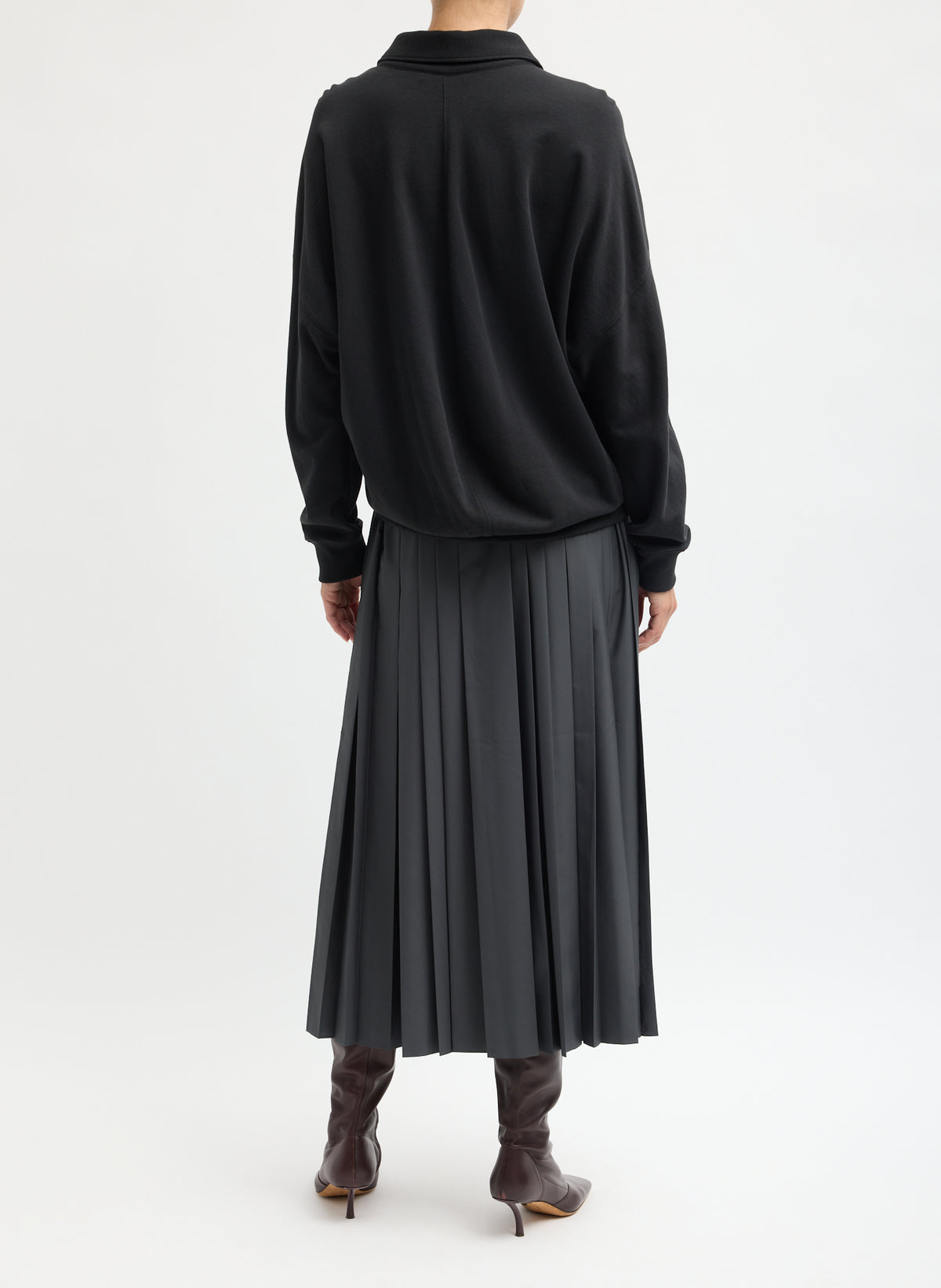 Charcoal Grey Nylon Pleated Pull On Skirt - pleated midi skirt, back view on model