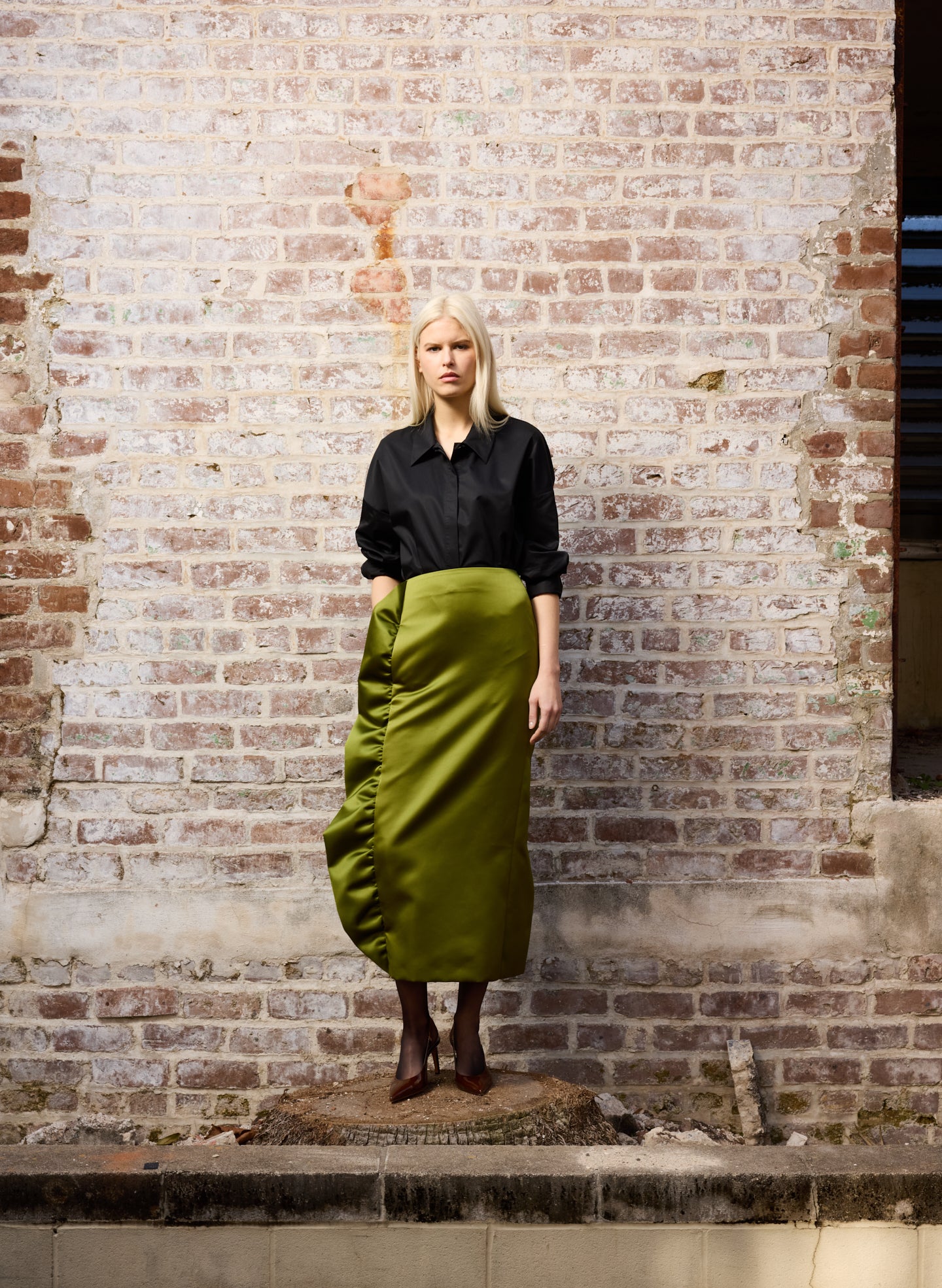 Ick Green Tech Satin Side Ruffle Skirt - editorial image on model