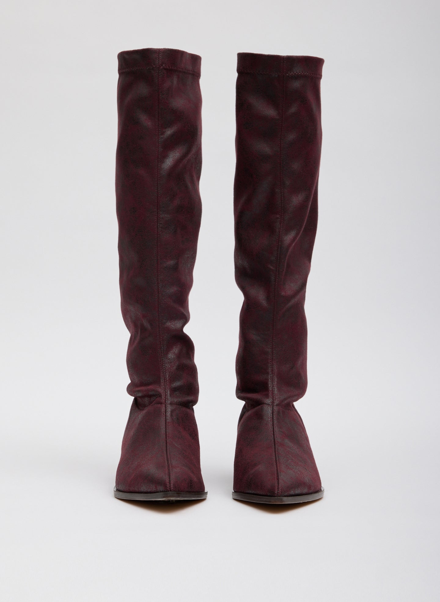 Burgundy Wine Distressed Bronson Boot - high, pointed toe boot - front view