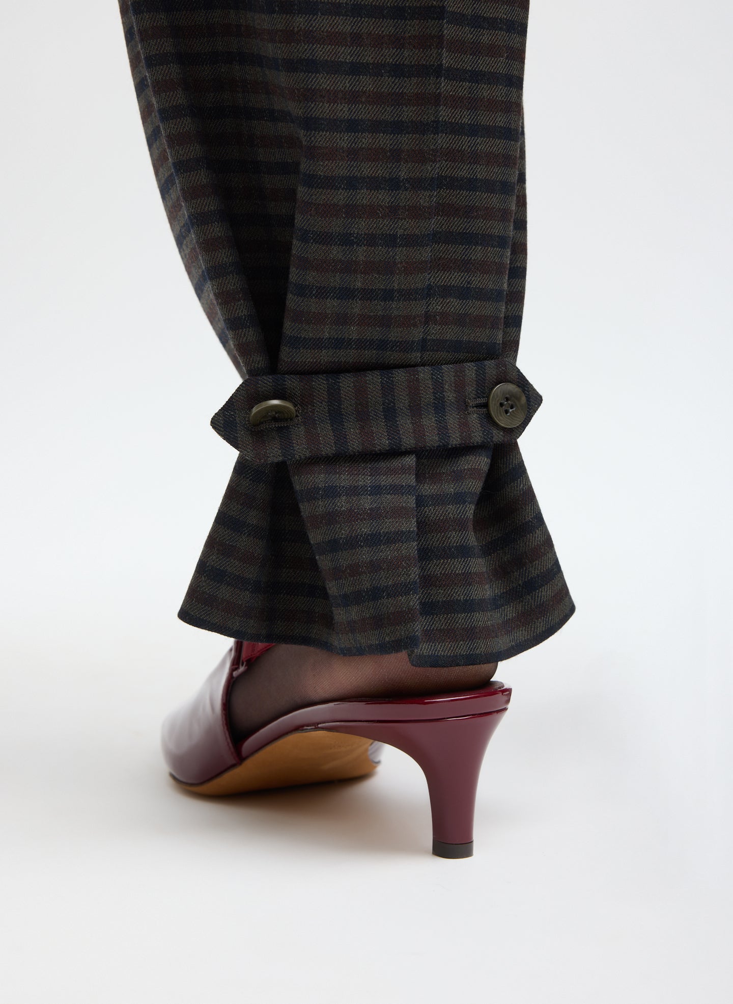 Plaid Cedric Suiting Straight Leg Trouser - closeup of button detail at hem
