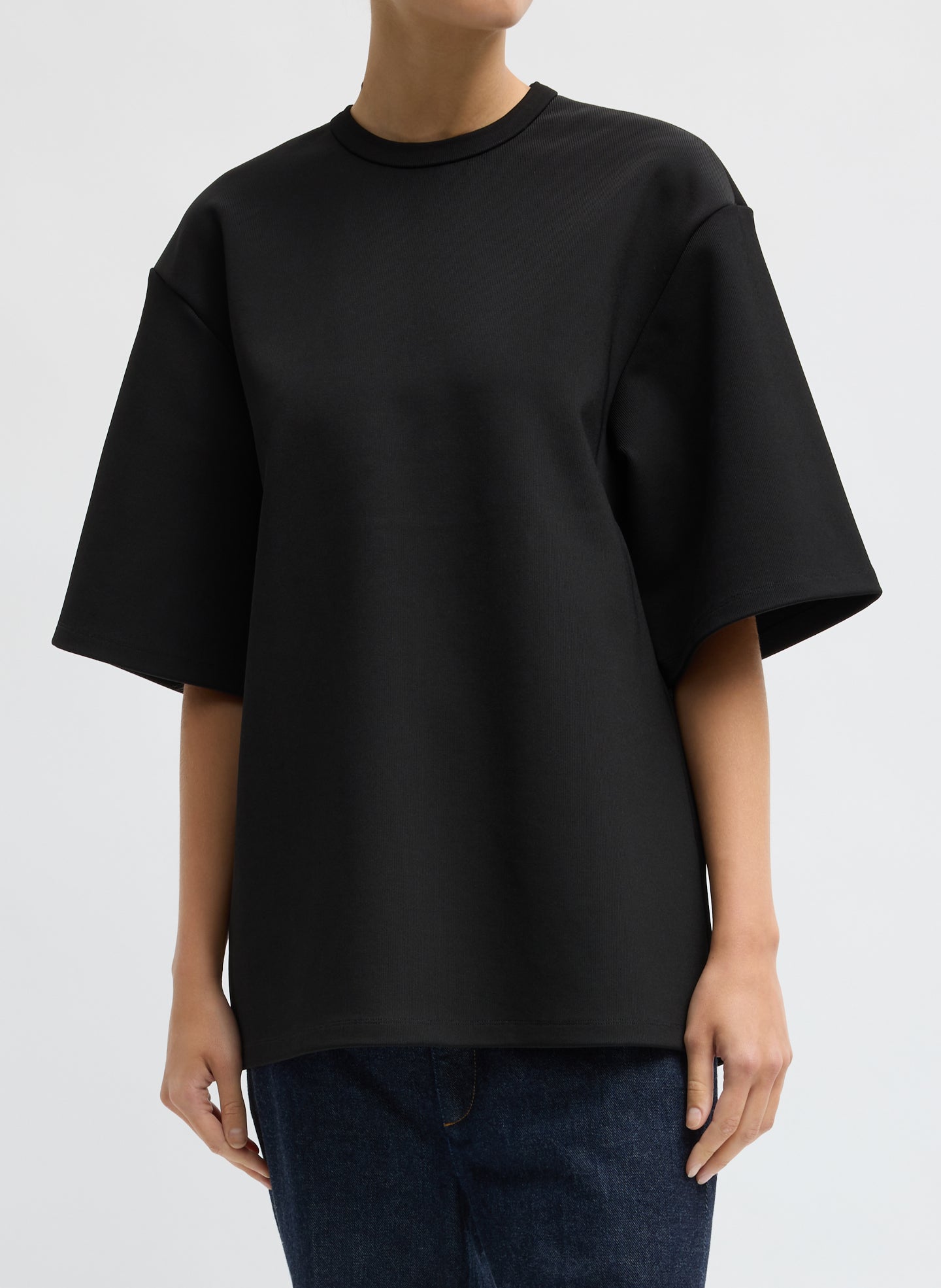 Luxe Crepe Knit Easy Tunic Top - Black Luxe Crepe Knit Easy Tunic Top - short sleeve t-shirt, front view on model