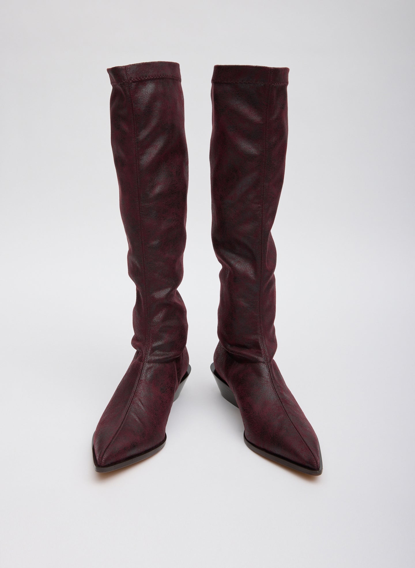 Burgundy Wine Distressed Bronson Boot - high, pointed toe boot - front view