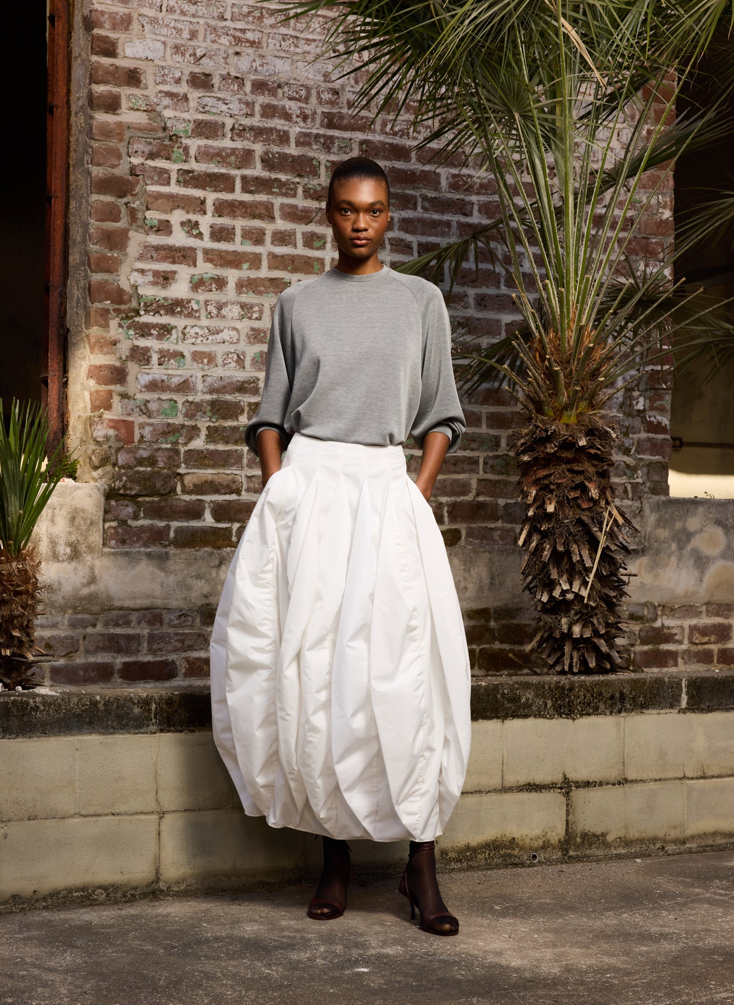 White Recycled Italian Sporty Nylon Skirt - editorial image on model