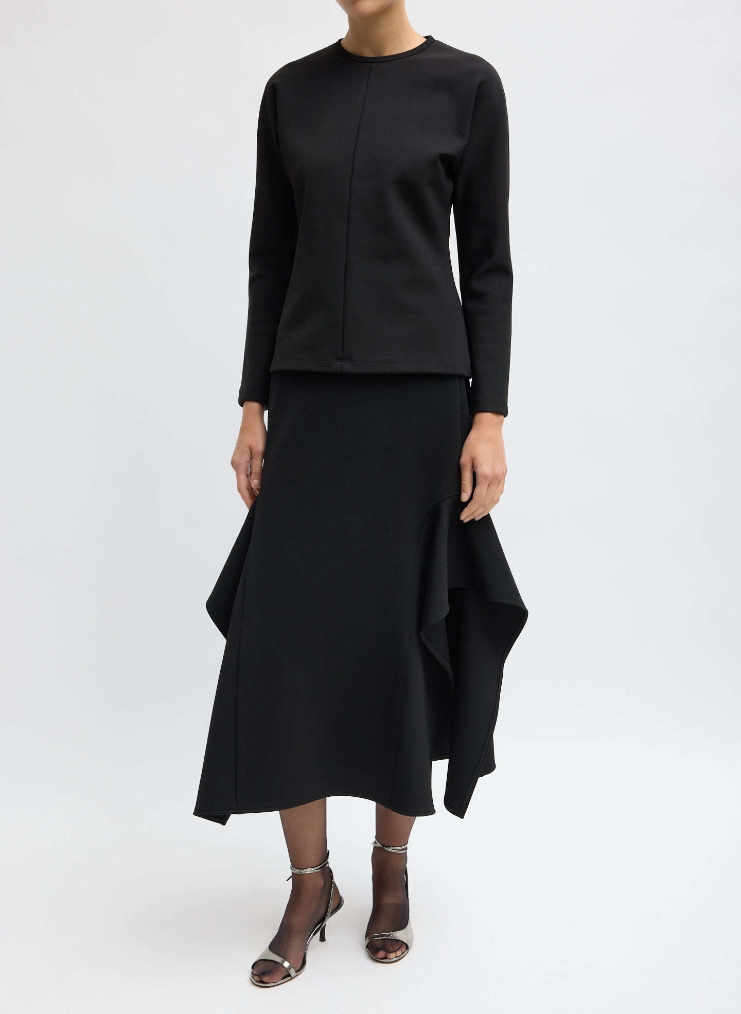 Black Luxe Crepe Knit Dolman Top - full look, front view on model