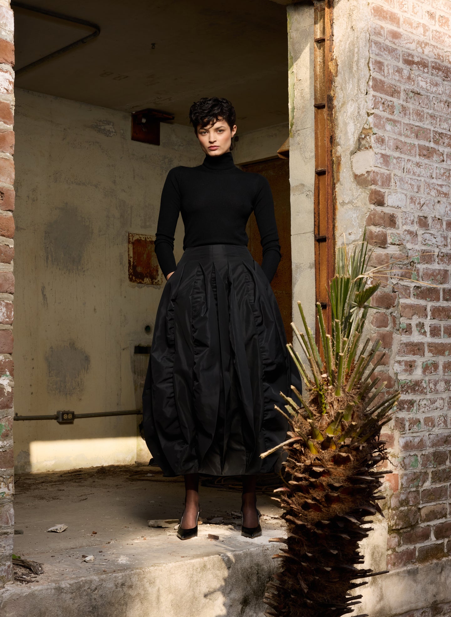 Black Recycled Italian Sporty Nylon Skirt - editorial image on model