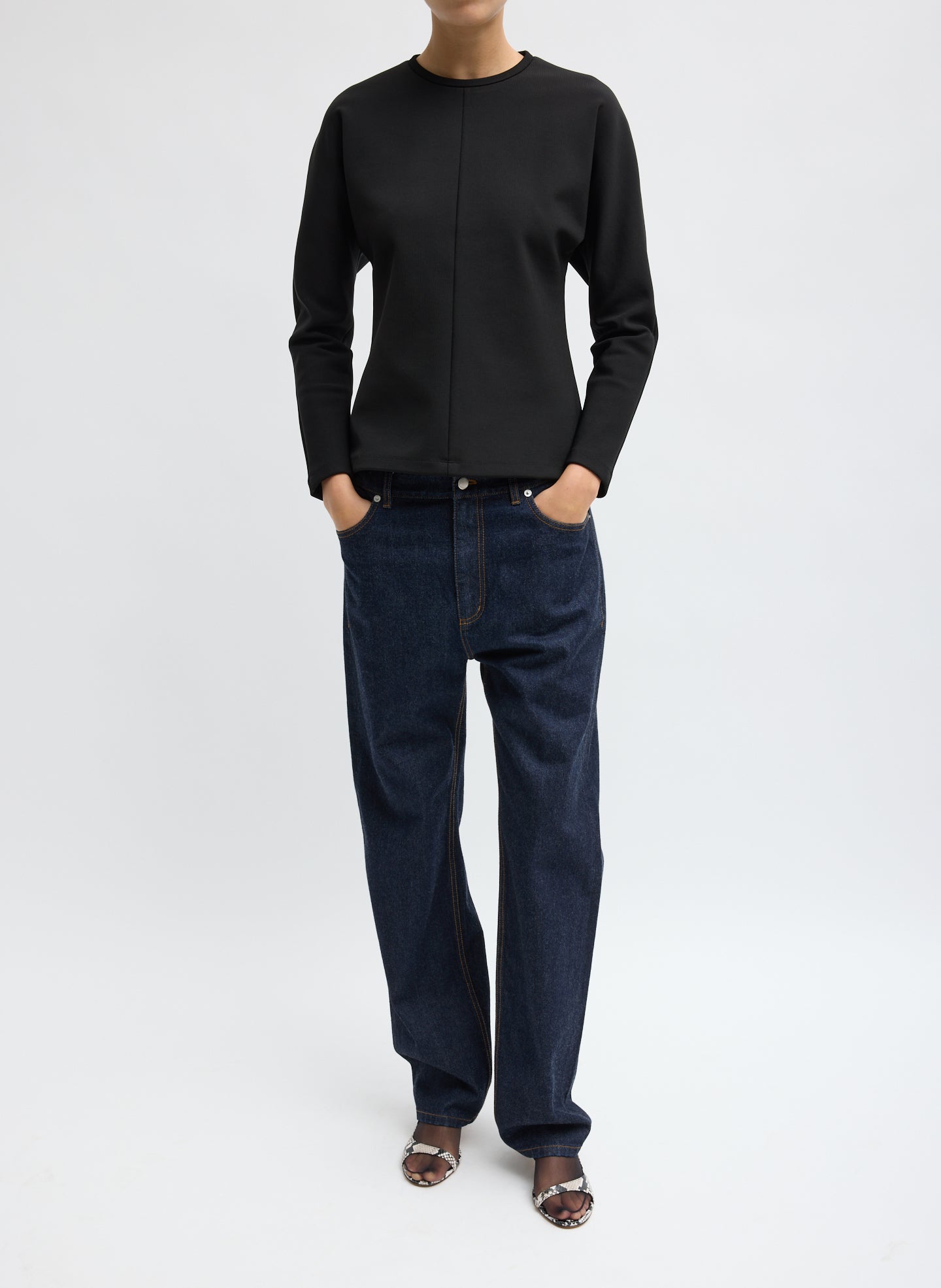 Black Luxe Crepe Knit Dolman Top - full look, front view on model