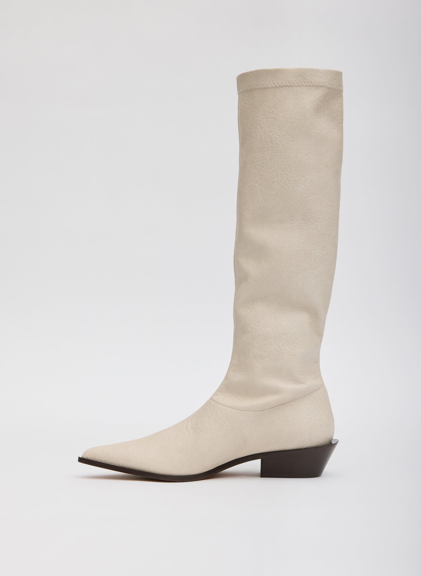 Faux Leather Bronson - Regular Calf - Off White Faux Leather Bronson Boot - tall, pointed toe boot - side view