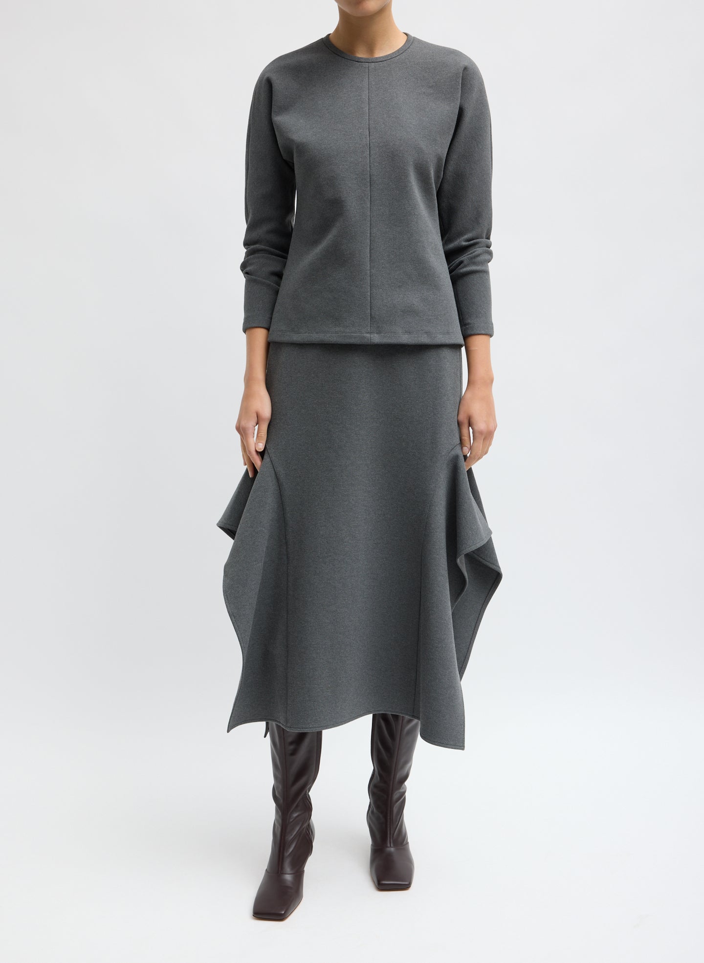 Charcoal Grey Luxe Crepe Knit Dolman Top - full look, front view on model