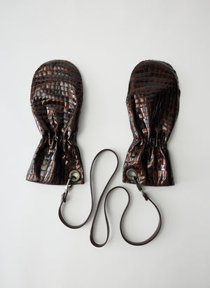 Brown Crocodile Embossed Leather Mittens