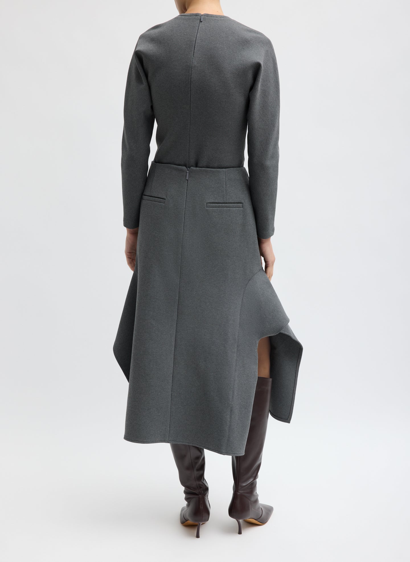 Charcoal Grey Luxe Crepe Knit Side Drape Skirt - back view on model