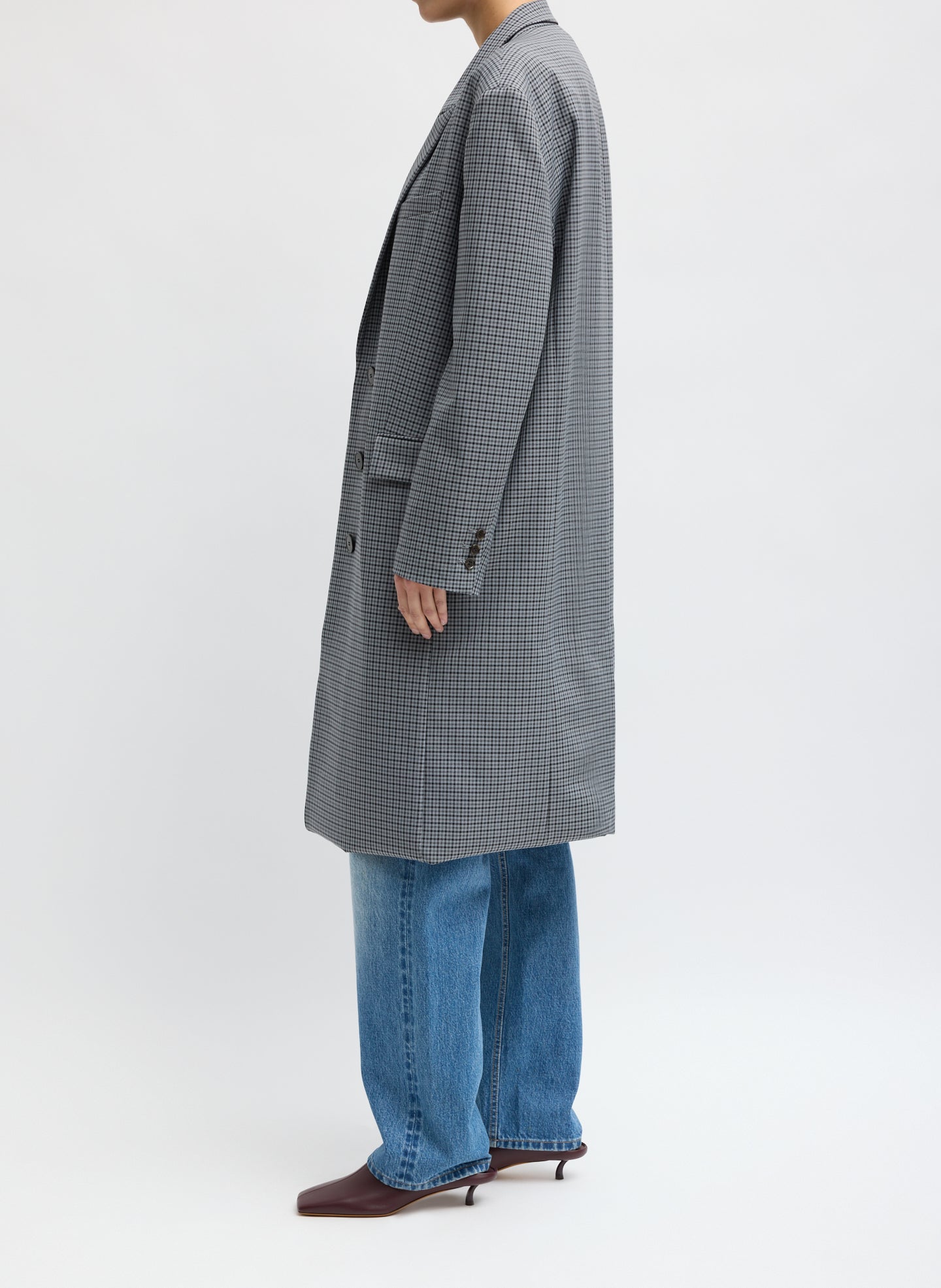Grey Plaid Menswear Tech Twill Tailored Men's Midi Coat - side view on model
