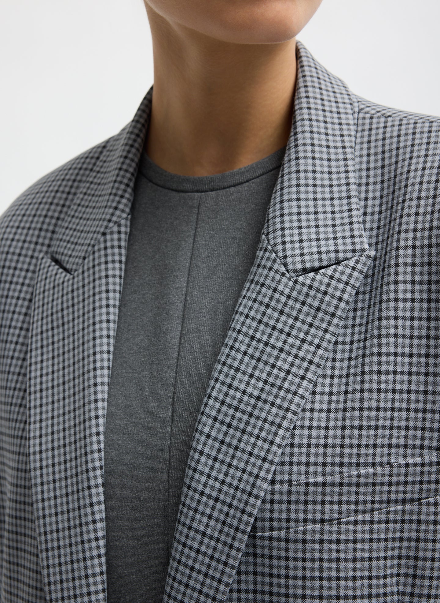 Grey Plaid Menswear Tech Twill Tailored Men's Midi Coat - closeup of collar