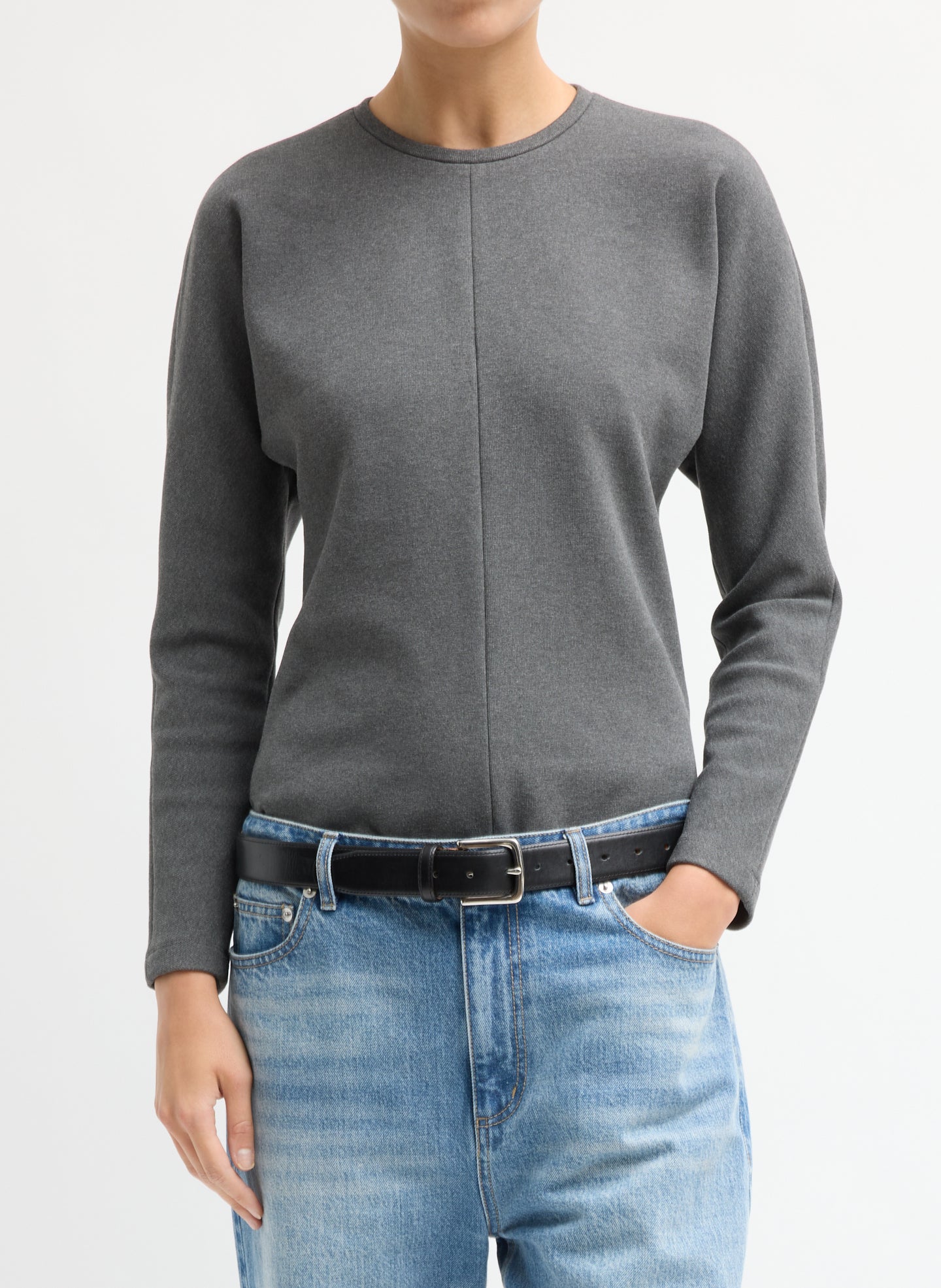 Luxe Crepe Knit Dolman Top - Charcoal Grey Luxe Crepe Knit Dolman Top - long sleeve top, front view on model