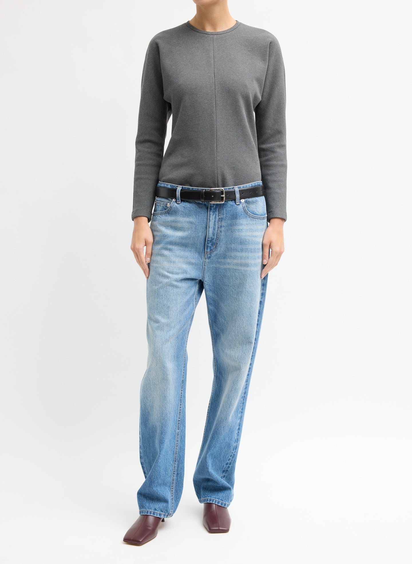 Charcoal Grey Luxe Crepe Knit Dolman Top - full look, front view on model