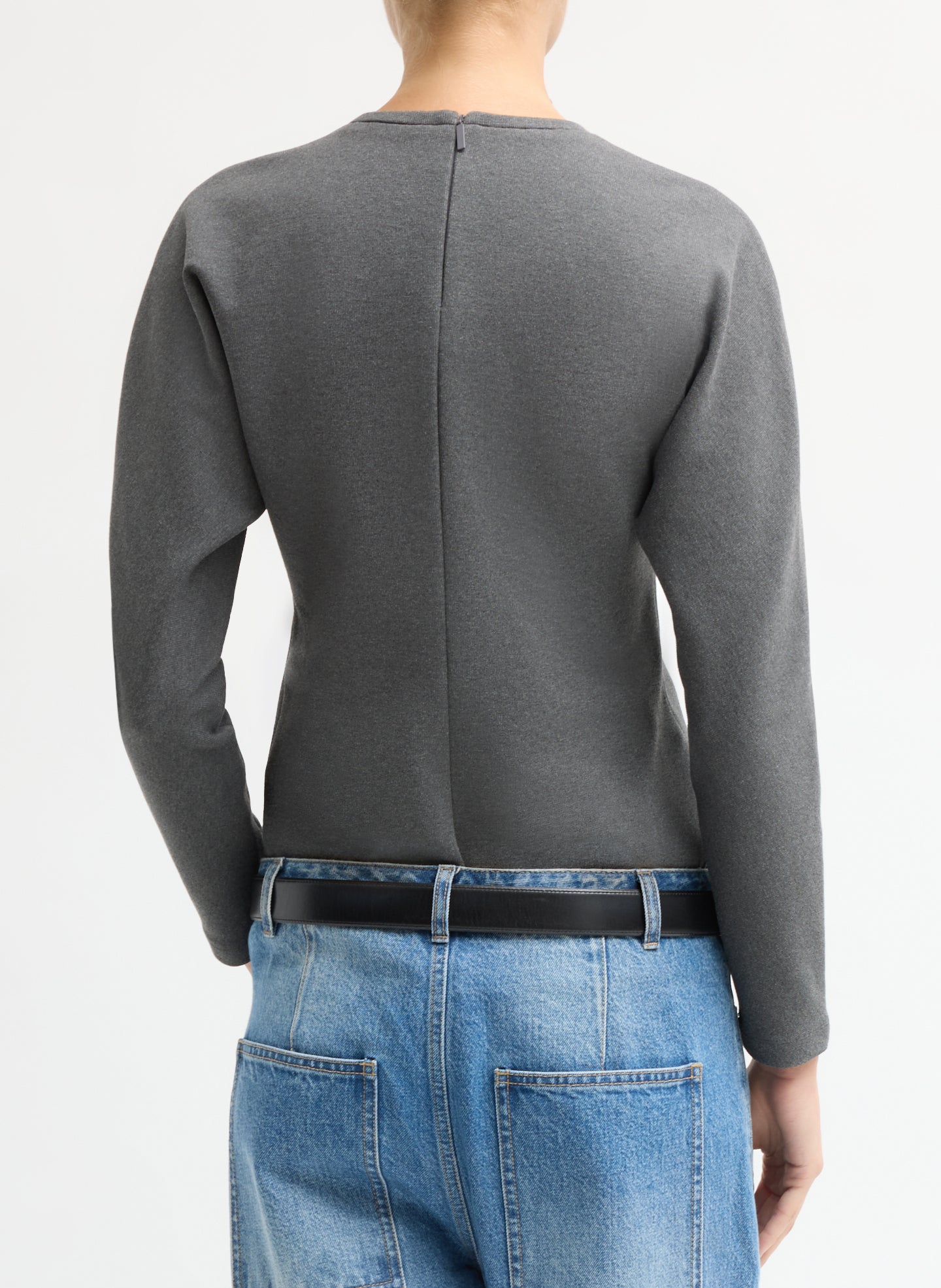 Charcoal Grey Luxe Crepe Knit Dolman Top - long sleeve top, back view on model