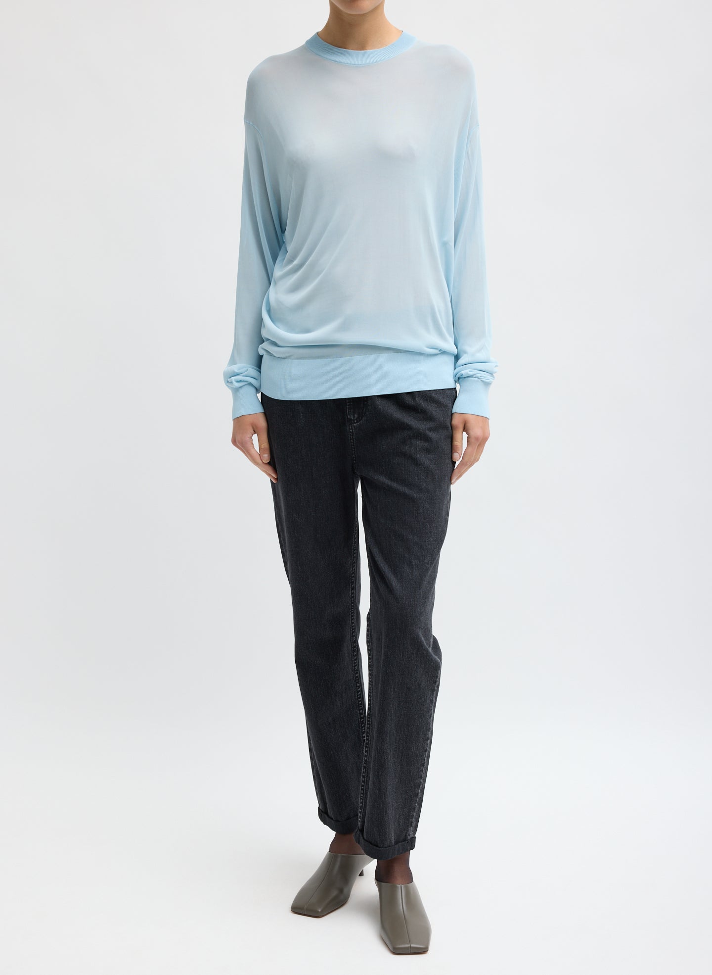 Baby Blue Slinky Viscose Perfect Men's Pullover - full look, front view on model